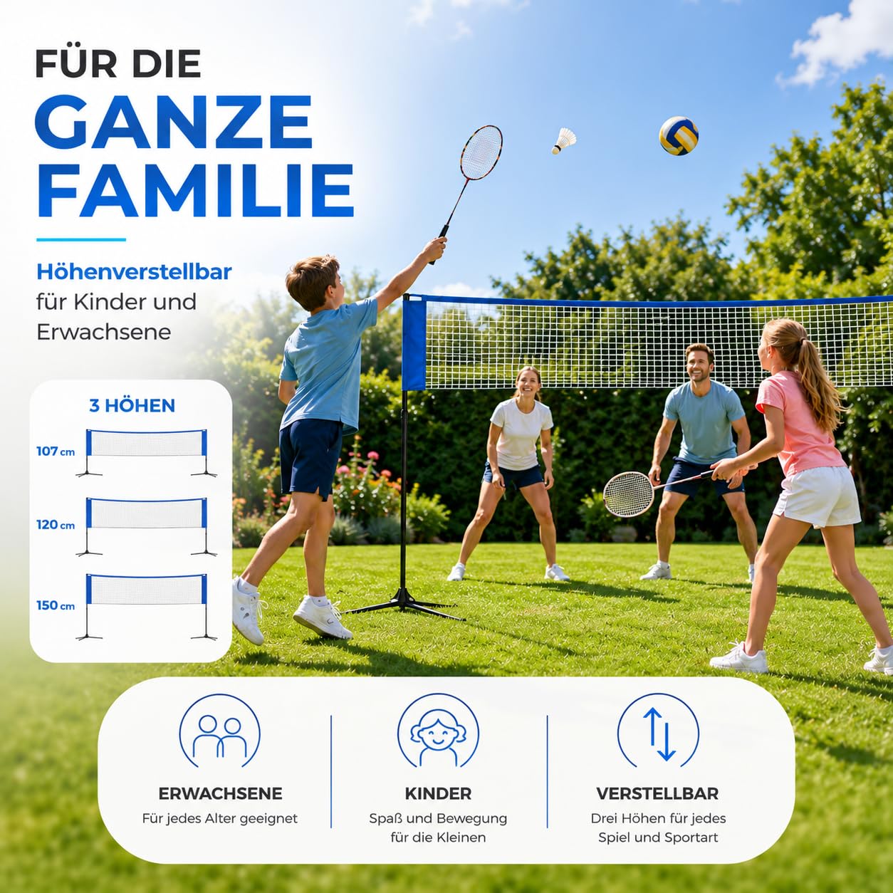 Filet de badminton de 3,1 m - Support réglable en hauteur de 107/105/150 cm et sac de transport - Filet en nylon pliable - Facile à monter et à démonter - Filet de sport idéal pour le tennis, le