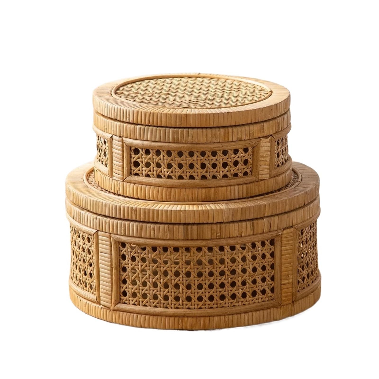 Cesta in rattan Scatola decorativa in rattan, scatole espositive con coperchio, set di 2 cestini portaoggetti rettangolari in vimini, contenitori in canna intrecciata(Round-Brown)