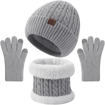 Kids Winter Hat Gloves Scarf Set - 3 Pcs Boys Girls Winter Beanie Sets 8-15 Years Warm Beanie Fleece Lined Knitted Hats