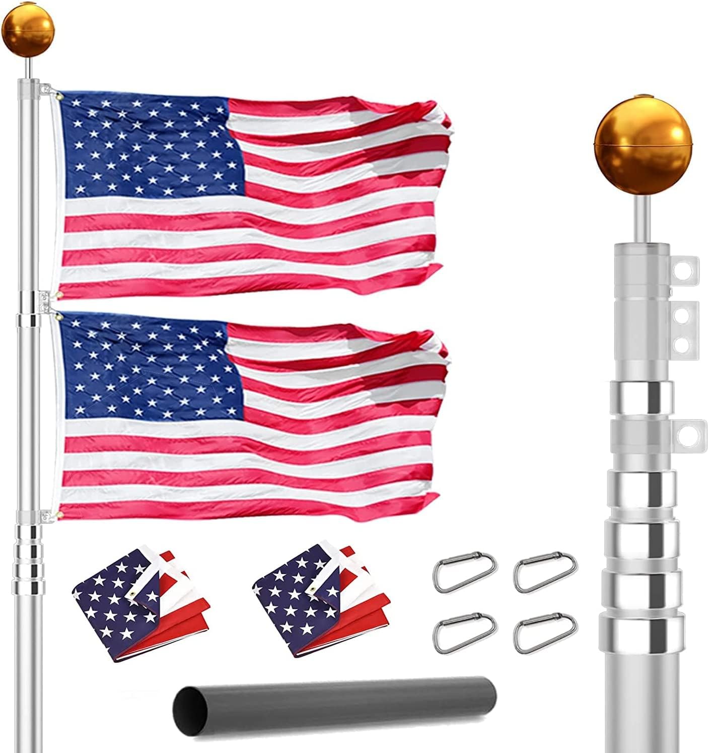 SEEYANG 20FT Telescoping Flag Pole Kit, Heavy Duty Aluminum Telescopic Flagpoles Fly 2 Flags, Outdoor In Ground Flagpole with 3x5 USA Flag & Gold Ball Top for Yard, Residential or Commercial