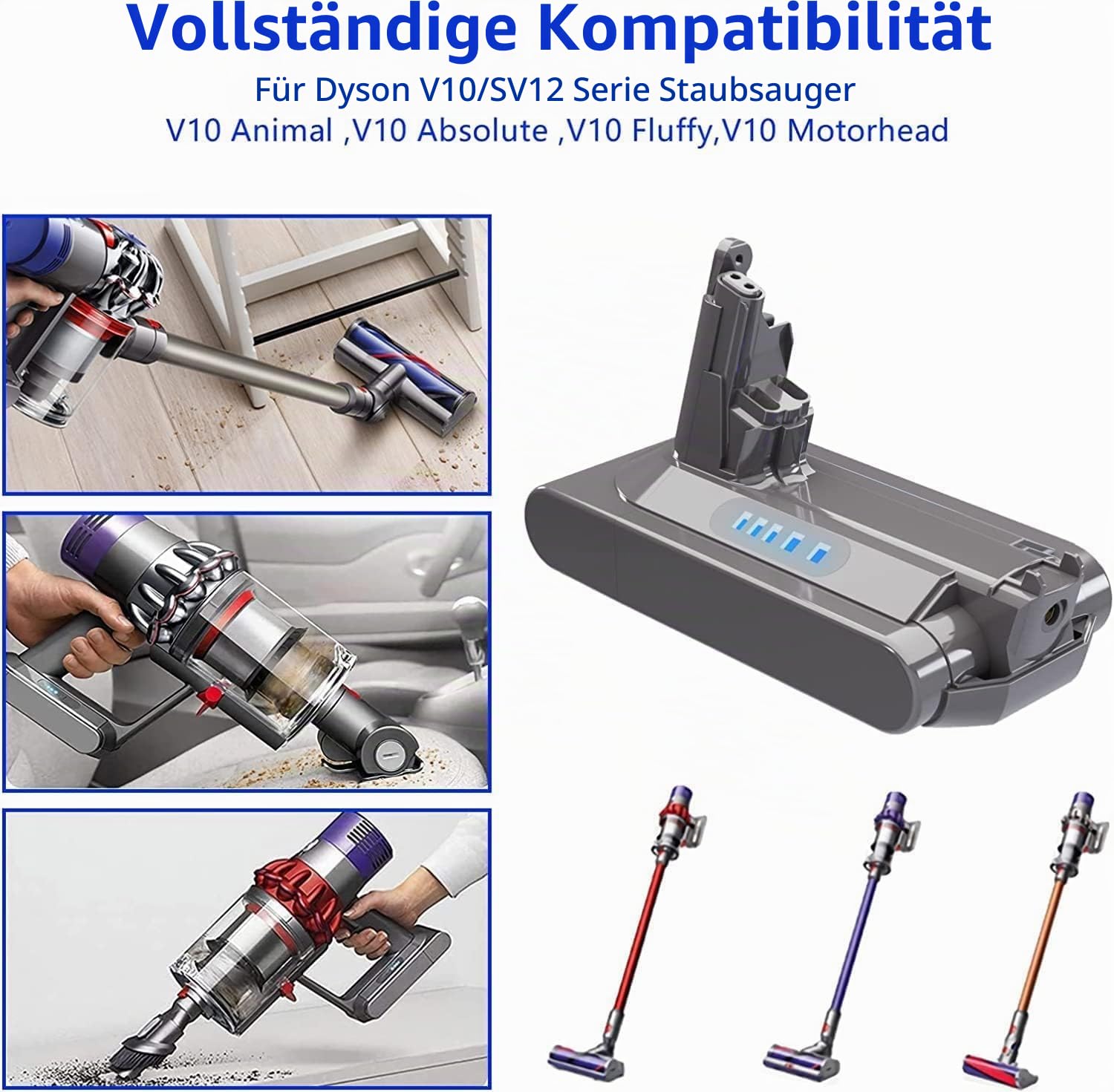 Großer Kapazität Akku V10 6.0Ah/6000mAh für DysonCyclone/Animal/Absolute/Fluffy/Motorhead SV12 kabellos Ladegerät Handstaubsauger Ersatzakku