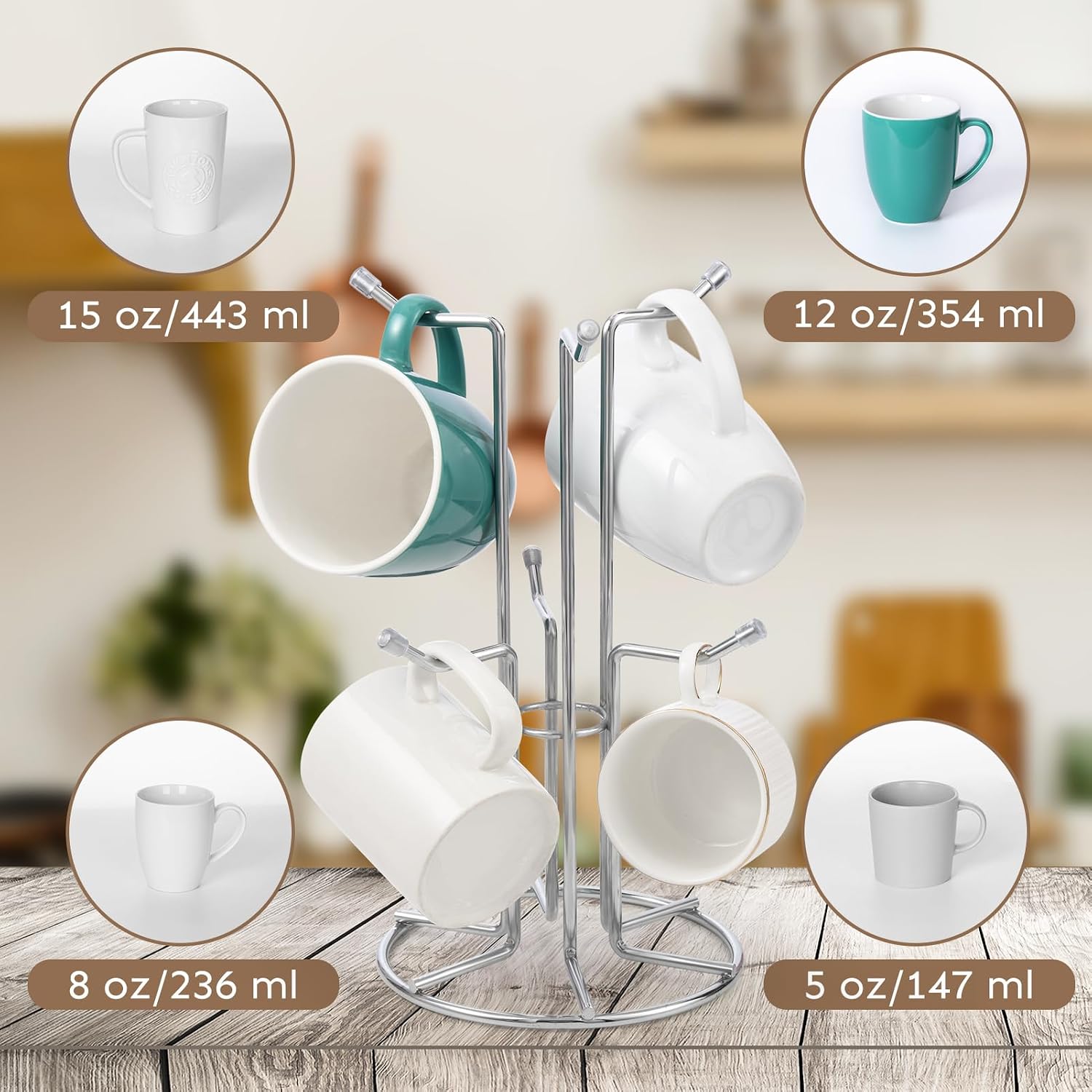 HULISEN Coffee Mug Holder for Countetop, Cup Tree for Counter Large Mugs with 6 Hooks, Metal Cup Holder Stand, Standing Rack Display for Coffee Bar, Silver