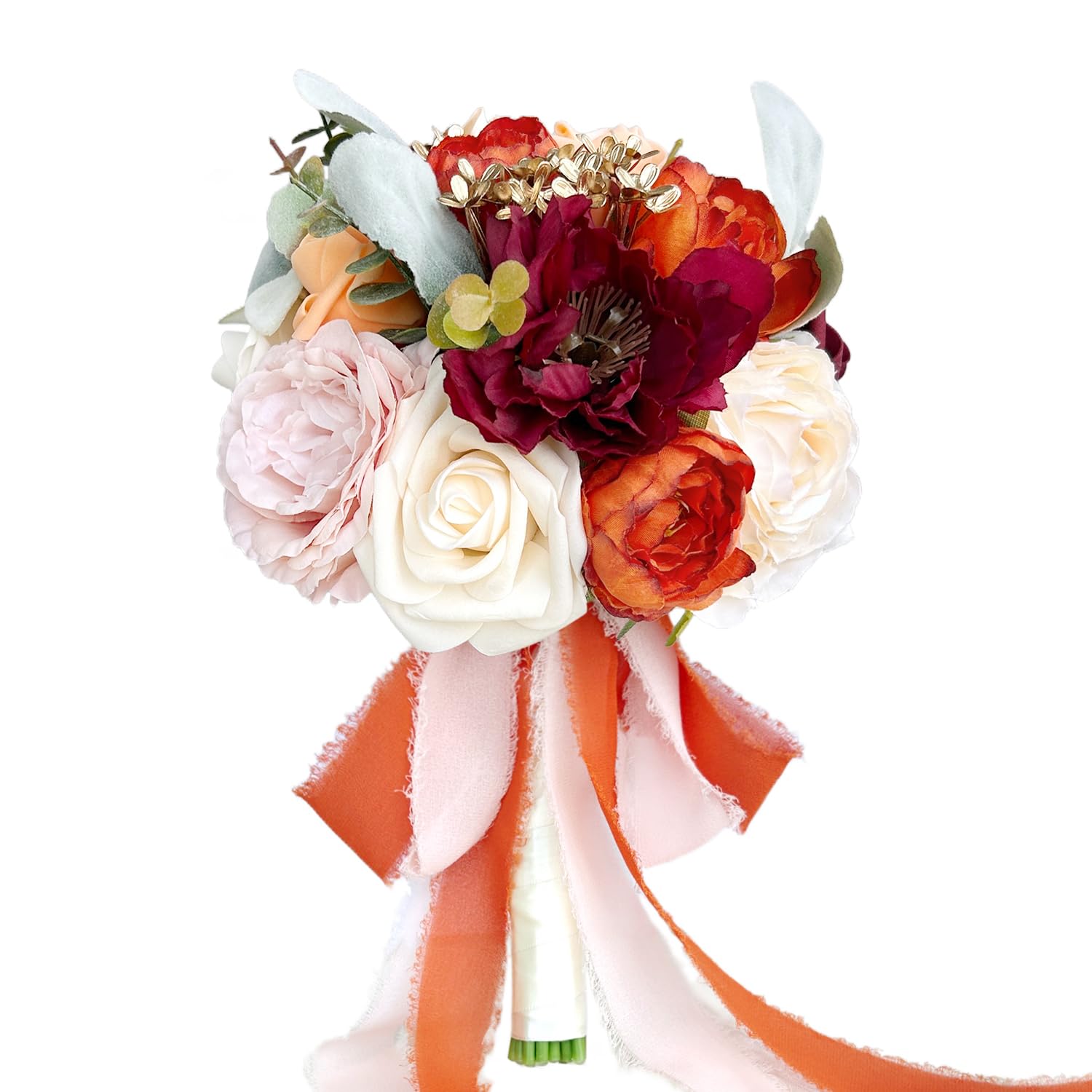 Lciclly Terracotta,Burnt Orange 7.5In Small Wedding Bouquets For Bride Bridesmaid, Burnt Orange Burgundy Rose Bridal Bouquet Terracotta Fall Wedding Artificial Silk Flower Boho Rustic Ceremony Anniversary Decor Toss Bouquet