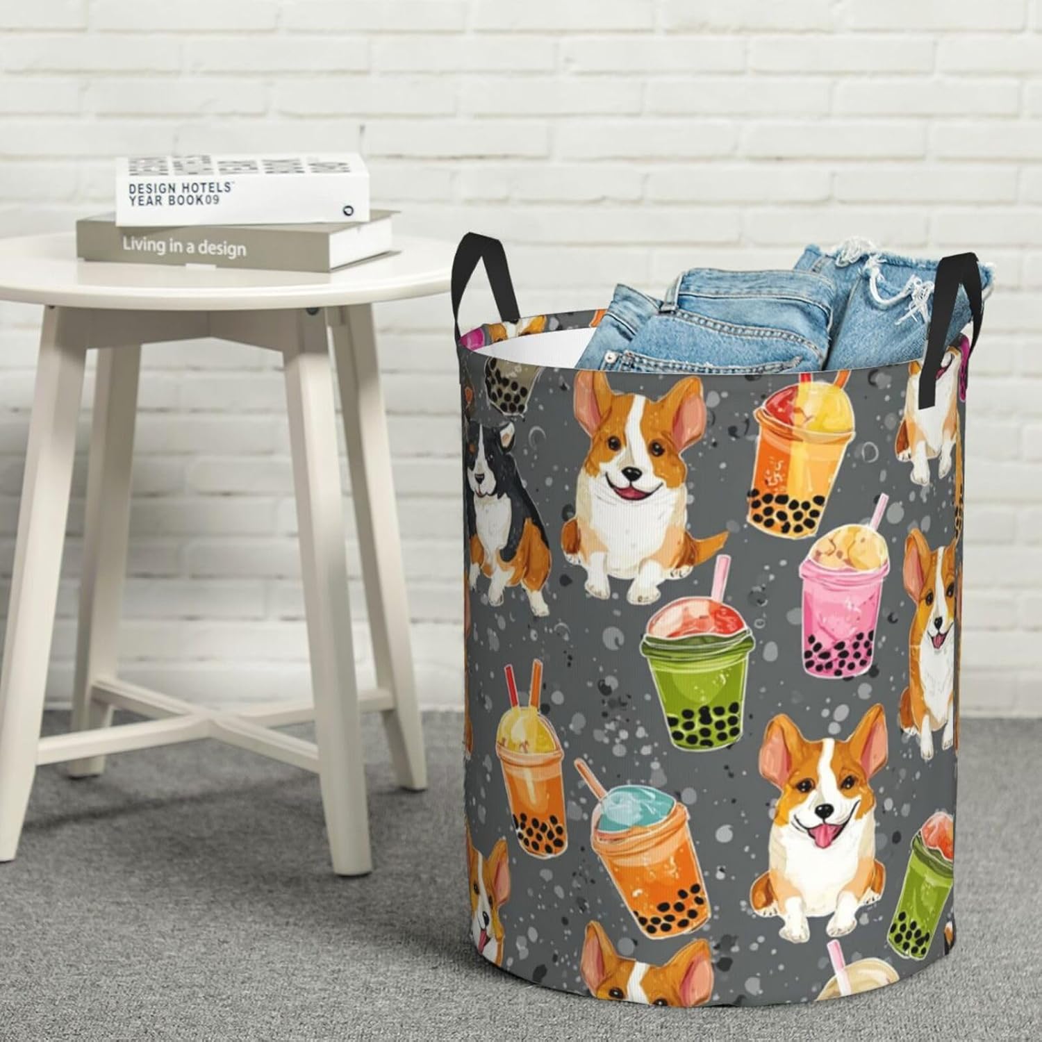 Laundry Basket Waterproof Laundry Hamper for Bathroom Cute Corgi Laundry Baskets Circular Storage Basket with Handles Lightweight Dirty Clothes Hamper for Bedroom Dorm