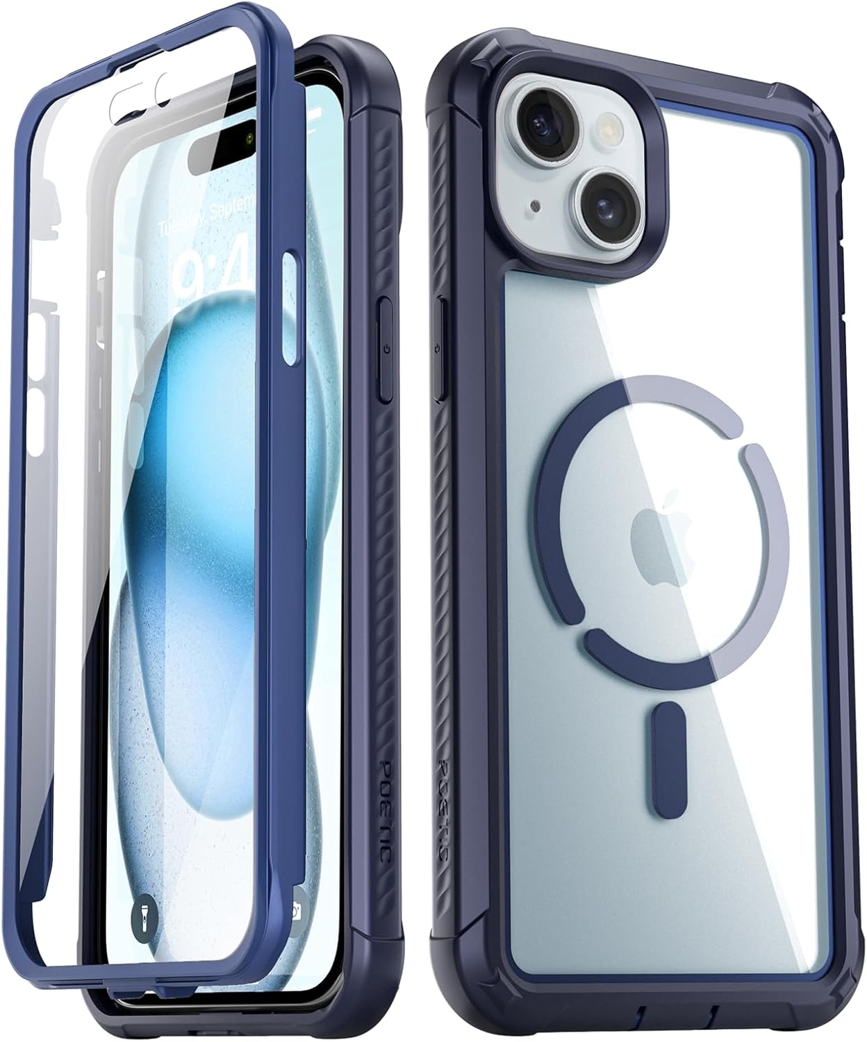 Poetic Guardian MagPro Case for iPhone 15 6.1 Inch,[Compatible with MagSafe][20 FT Mil-Grade Drop Tested] Full-Body Shockproof Rugged Clear Cover with Built-in Screen Protector, Blue/Clear