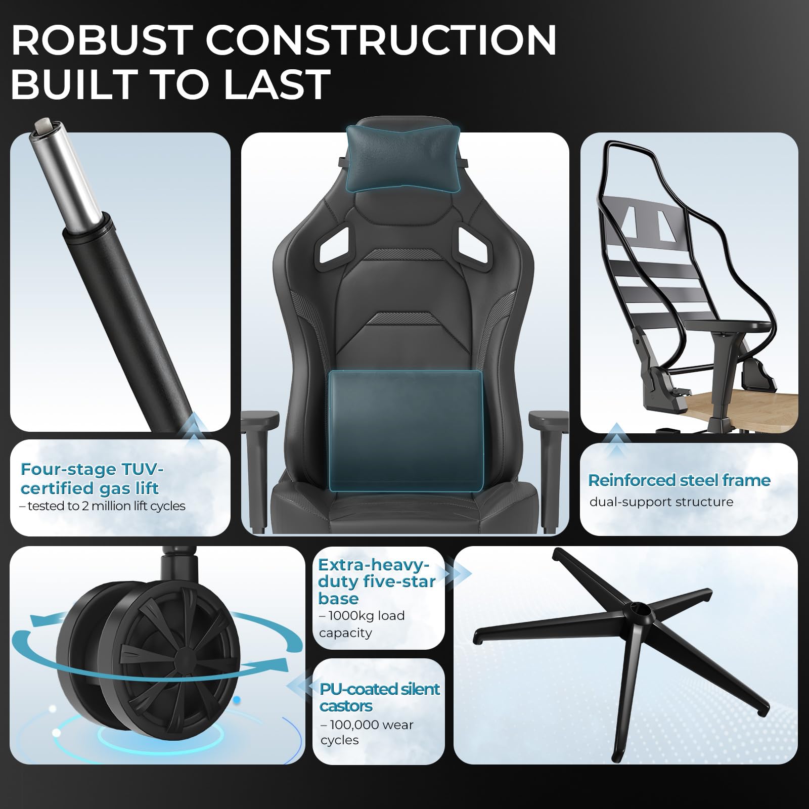 JUMMICO Chaises de Gaming en Cuir Velours, Chaise de Bureau Ergonomique avec accoudoirs 3D, Chaise de Bureau avec Dossier inclinable pour Le Gaming, Le Travail, Les études, 200 kg, Noir