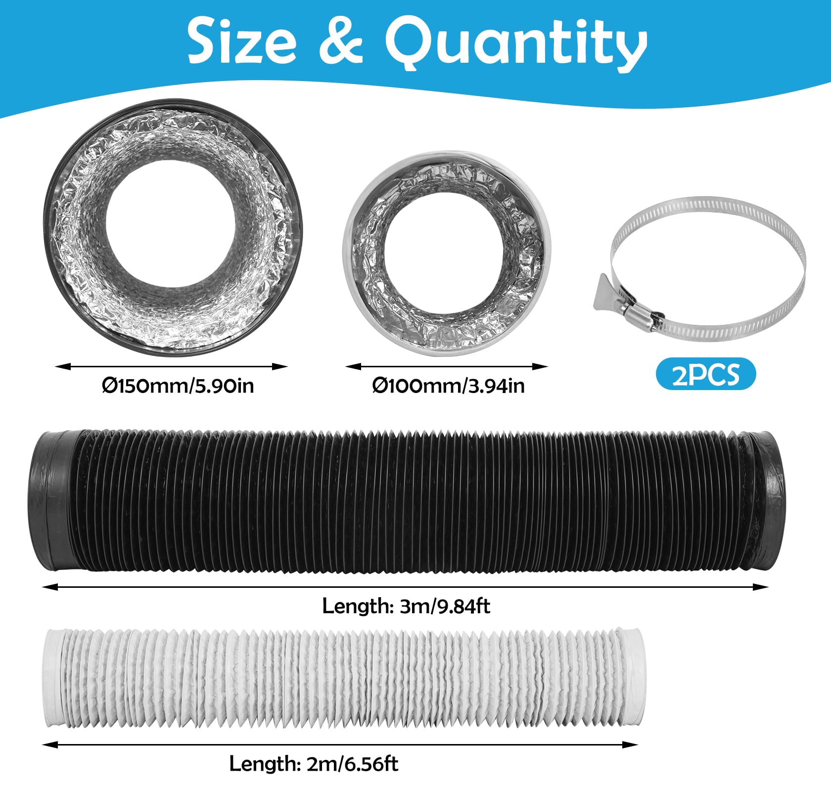 Wąż odprowadzający 150mm średnica długość 3m: TAIHOBO 5,9 cala/150mm wąż odprowadzający, PVC rura aluminiowa wentylacyjna z 2 szelkami ze stali nierdzewnej, do suszarek, okapu kuchennego, wentylatora
