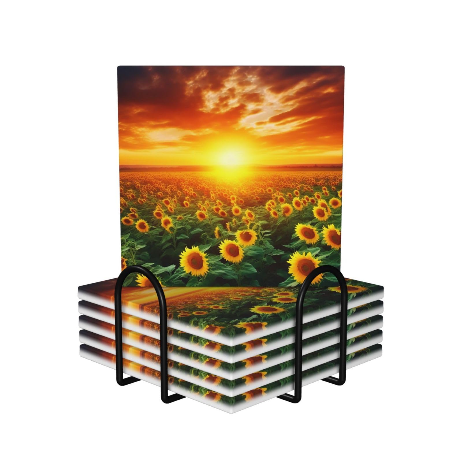 Dessous de verre absorbants tournesol lot de 6 en céramique avec support table