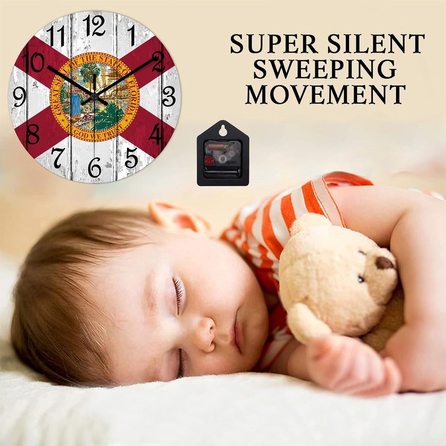 Decorative Wall Clock Florida Flag Wall Clock Florida Wooden Clocks Silent Battery Operated 12 Inch Shabby Chic Retro Round Clock for Kitchen Bedroom Office