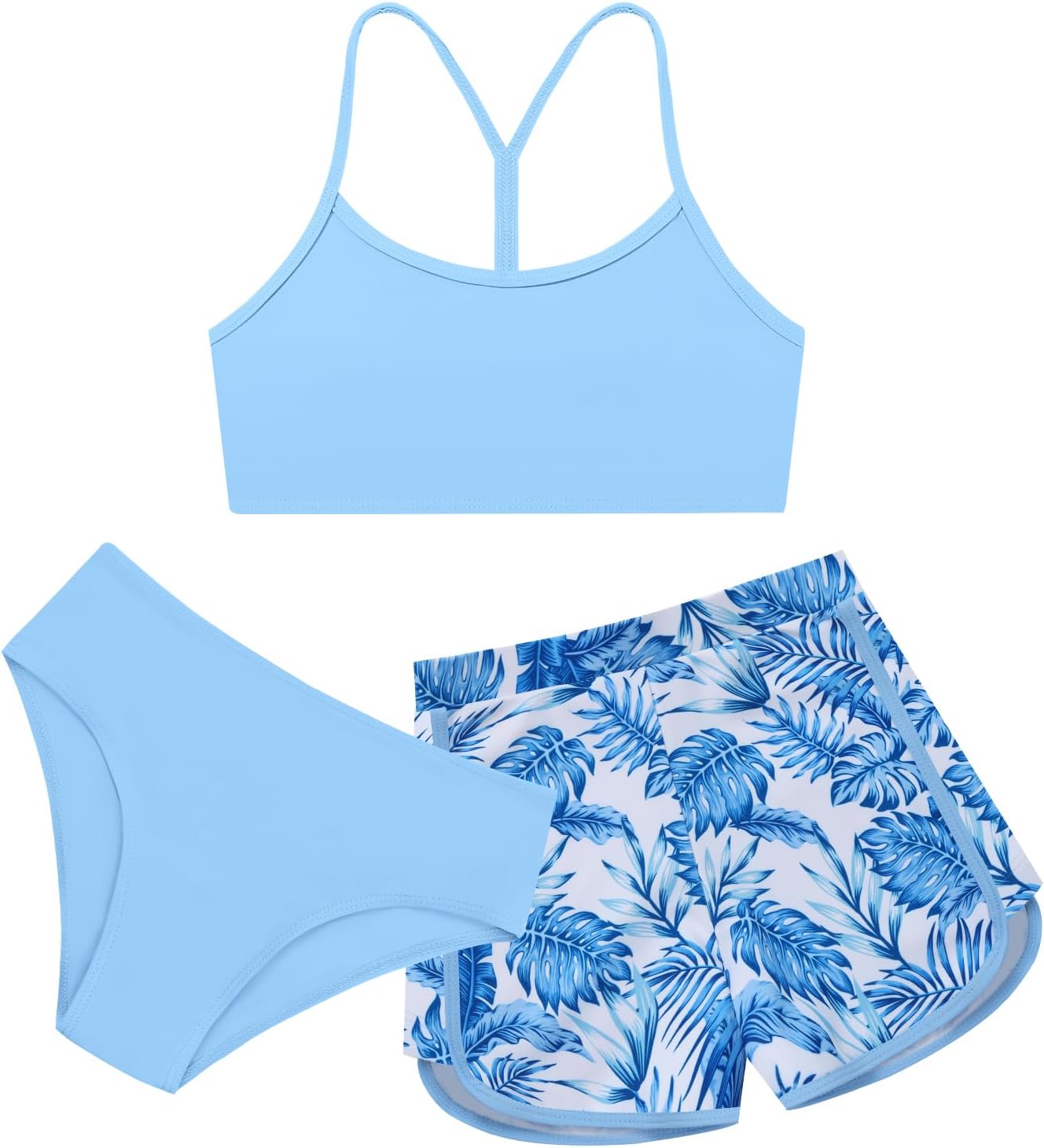 Weixinbuy Girls 3 Piece Swimsuit Bathing Suits Solid Bikini Set with Printed Sports Shorts Swimwear for 9-16Y Teen Girls