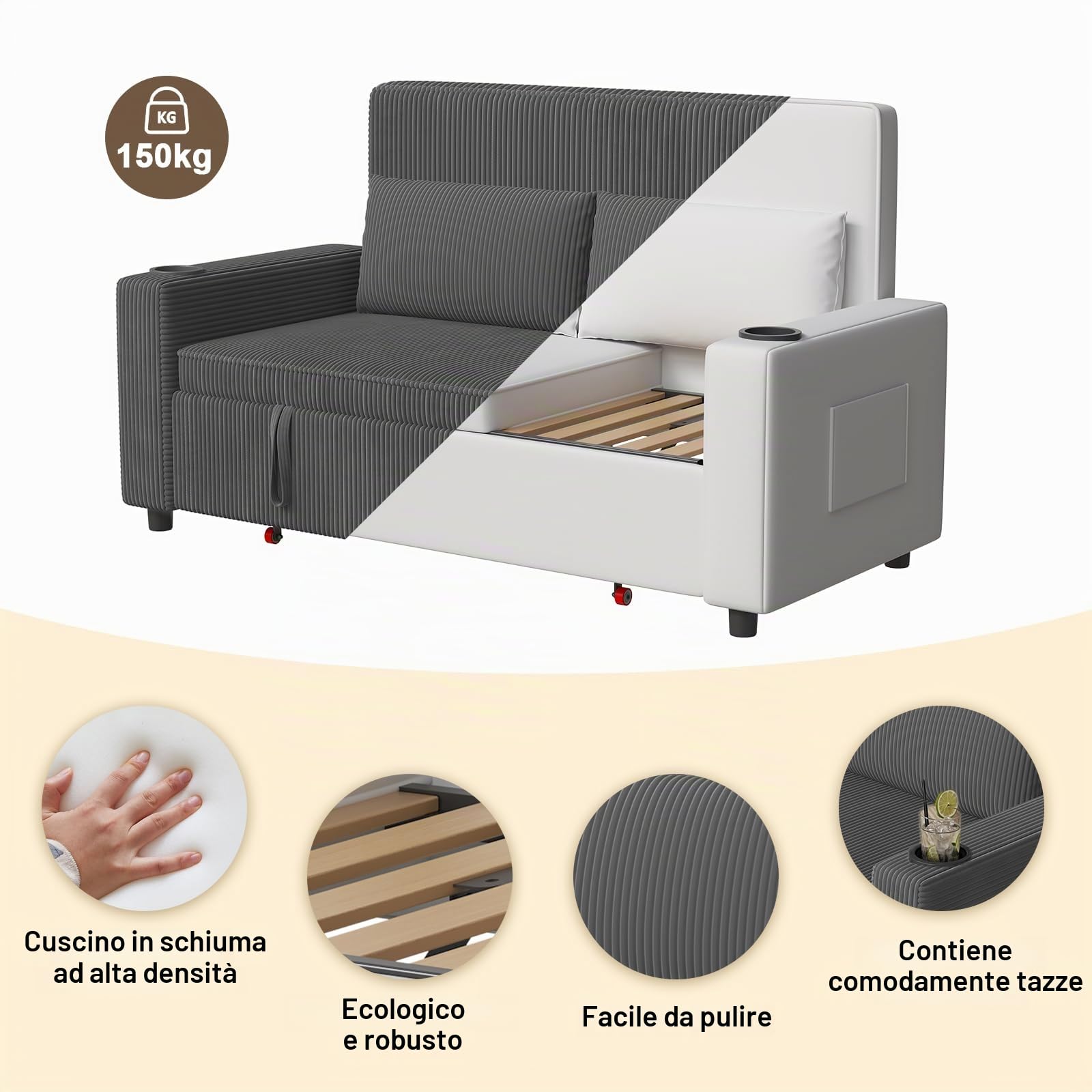Devoko Divano Letto 2 Posti in Velluto Divano Matrimoniale Prontoletto Estraibile con Schienale Regolabile in 5 Posizioni per Soggiorno, Camera da Letto o Ufficio, 75P x 160L x 93H cm, Grigio
