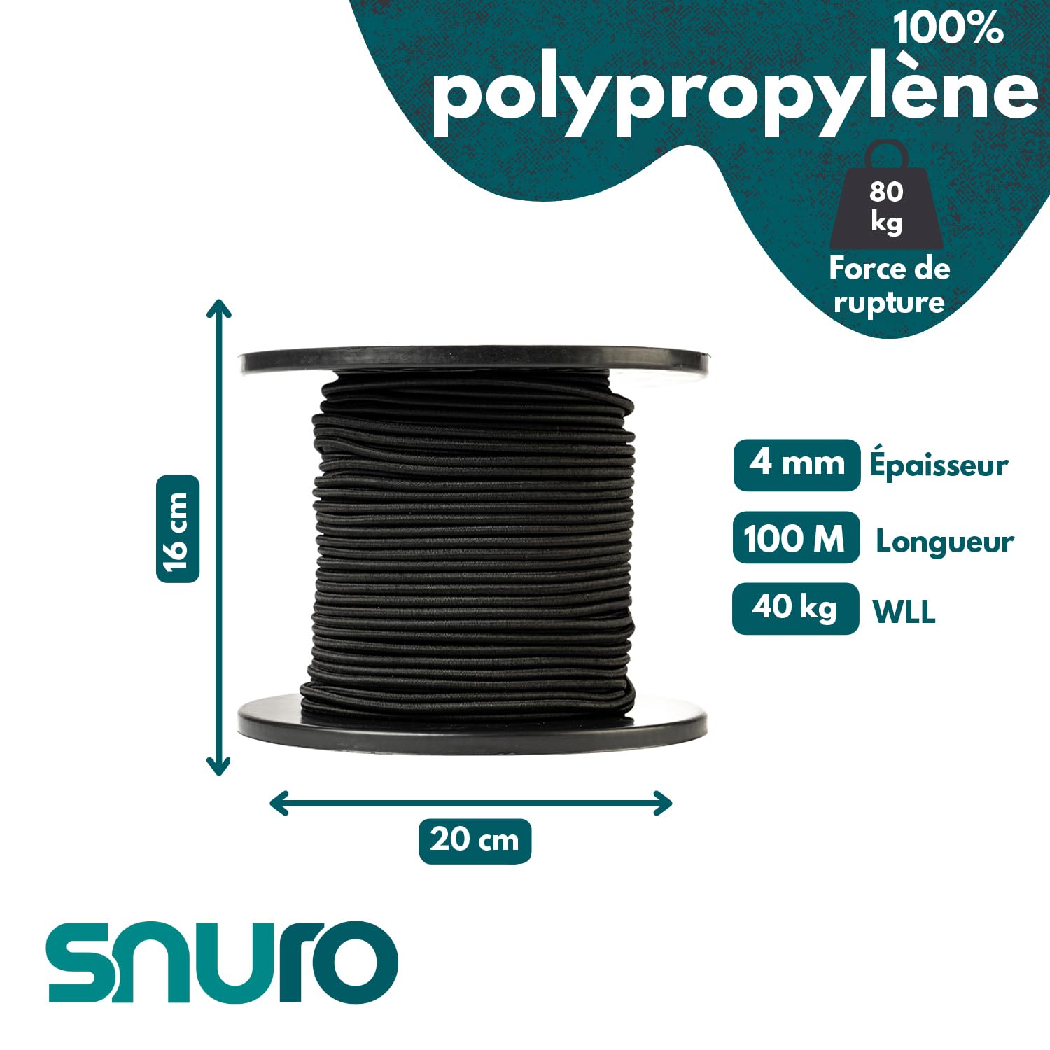 Corde élastique Ronde (4mm, 100M, Noir) - Qualité Professionnelle - Résistante aux intempéries et réutilisable - Charge de Rupture 80kg