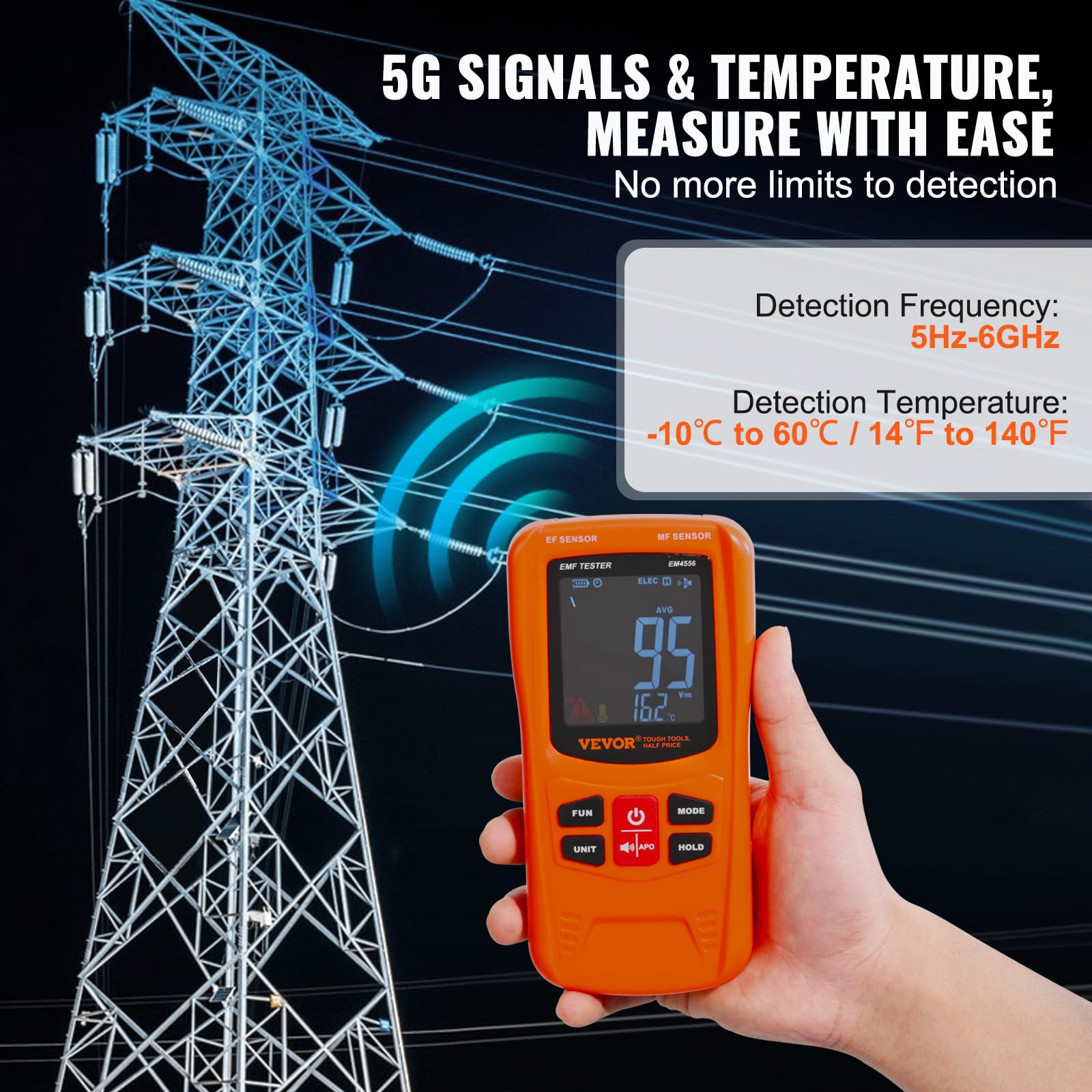 VEVOR Misuratore EMF 5Hz-6GHz, rilevatore di radiazioni di campo elettromagnetico ricaricabile portatile, tester EMF digitale LCD per ispezioni domestiche EF MF RF