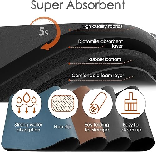 Miniatura 6 de Tapete de secado de platos para encimera de cocina, tapete absorbente para secar platos, parte trasera de goma, secado rápido, fácil de limpiar,