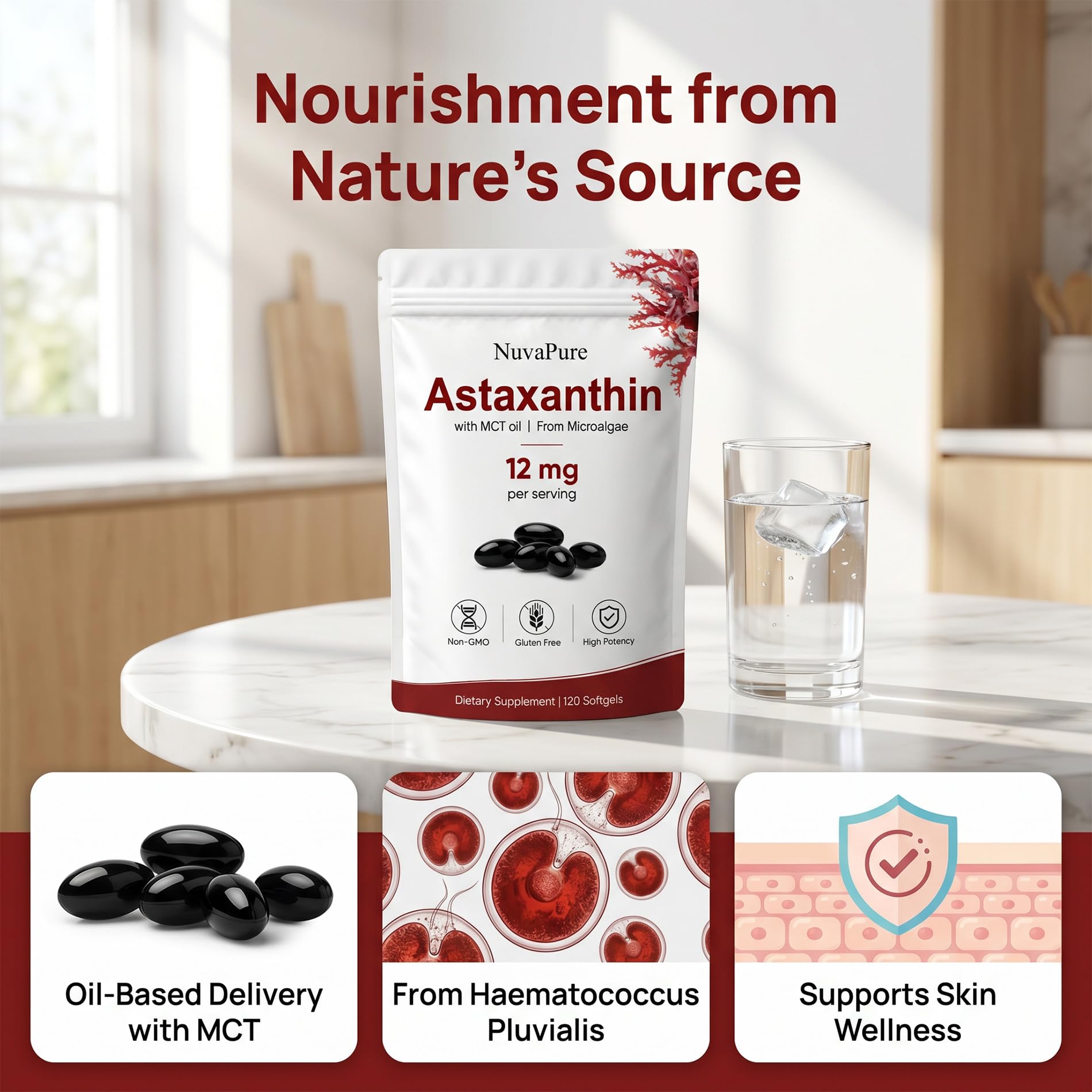 NuvaPure Astaxanthin 12mg with MCT Oil, Natural Astaxanthin from Haematococcus Pluvialis Microalgae, Daily Antioxidant Support Softgels, Non-GMO, Gluten-Free, Soy-Free, 120 Count (1) — Amazon image 4