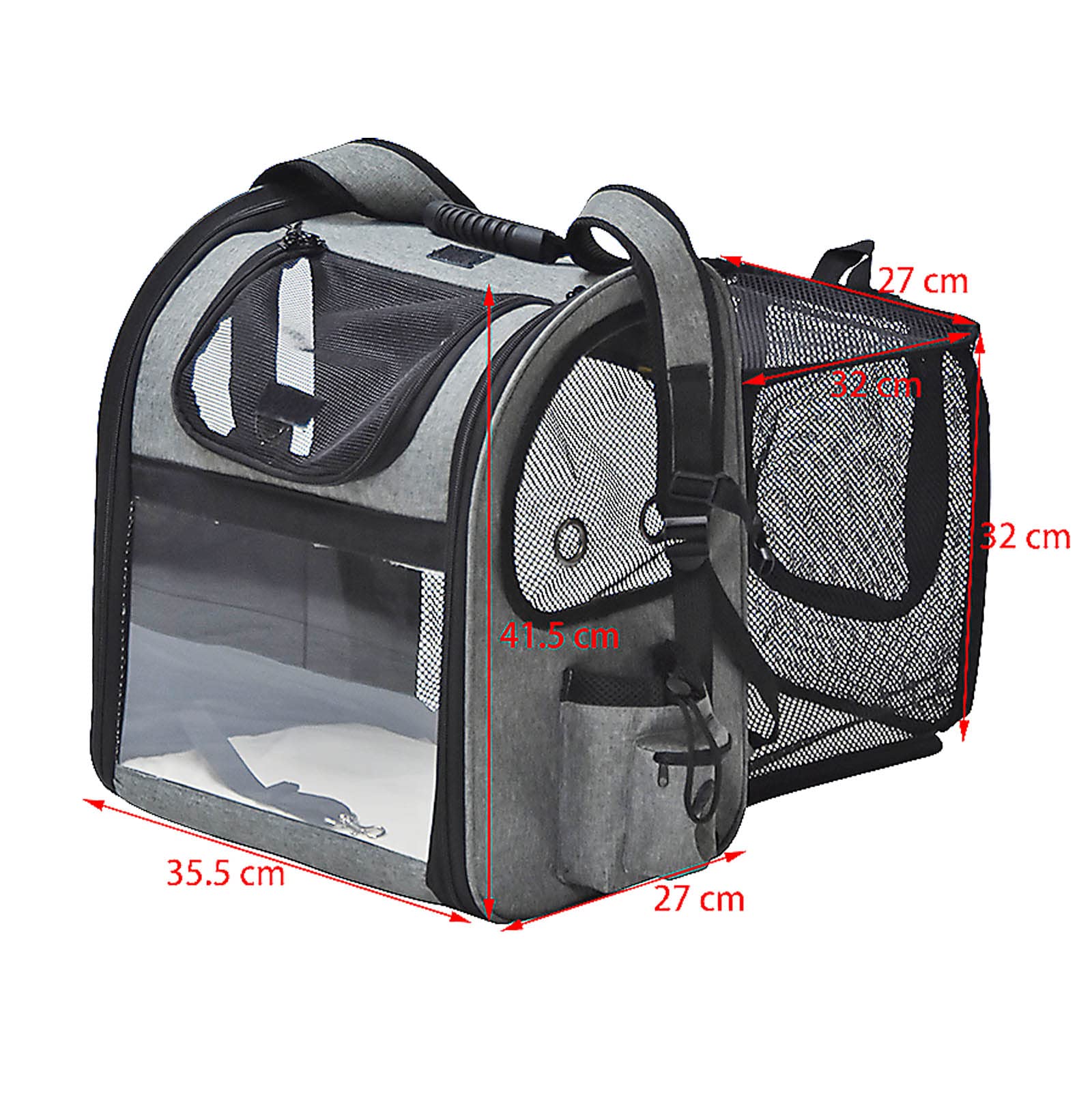 Fudajo Ausziehbarer Haustier Rucksack 27x35,5x41,5 cm bis 6kg, Hunderucksack, Katzenrucksack mit Netz und Fenstern, Schwarz und Grau