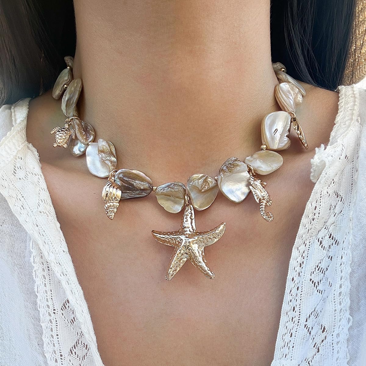 Starfish Shell Necklaces Trendy Summer Colorful Boho Seashell Pendant Beach Necklace Dainty Statement Gold Charm Choke Necklace Fashion Surfer Jewelry for Women - Image 3