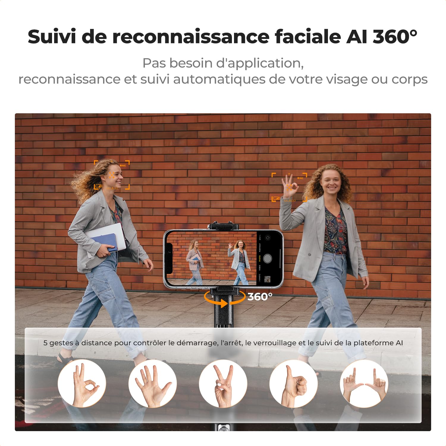 K&F CONCEPT Perche Selfie 180CM Trépied de Suivi AI 360°, Déploiement Automatique et Repliage Rapide, Contrôle par Gestes, Télécommande Bluetooth, 7 en 1 pour Vidéo/Vlog/Live