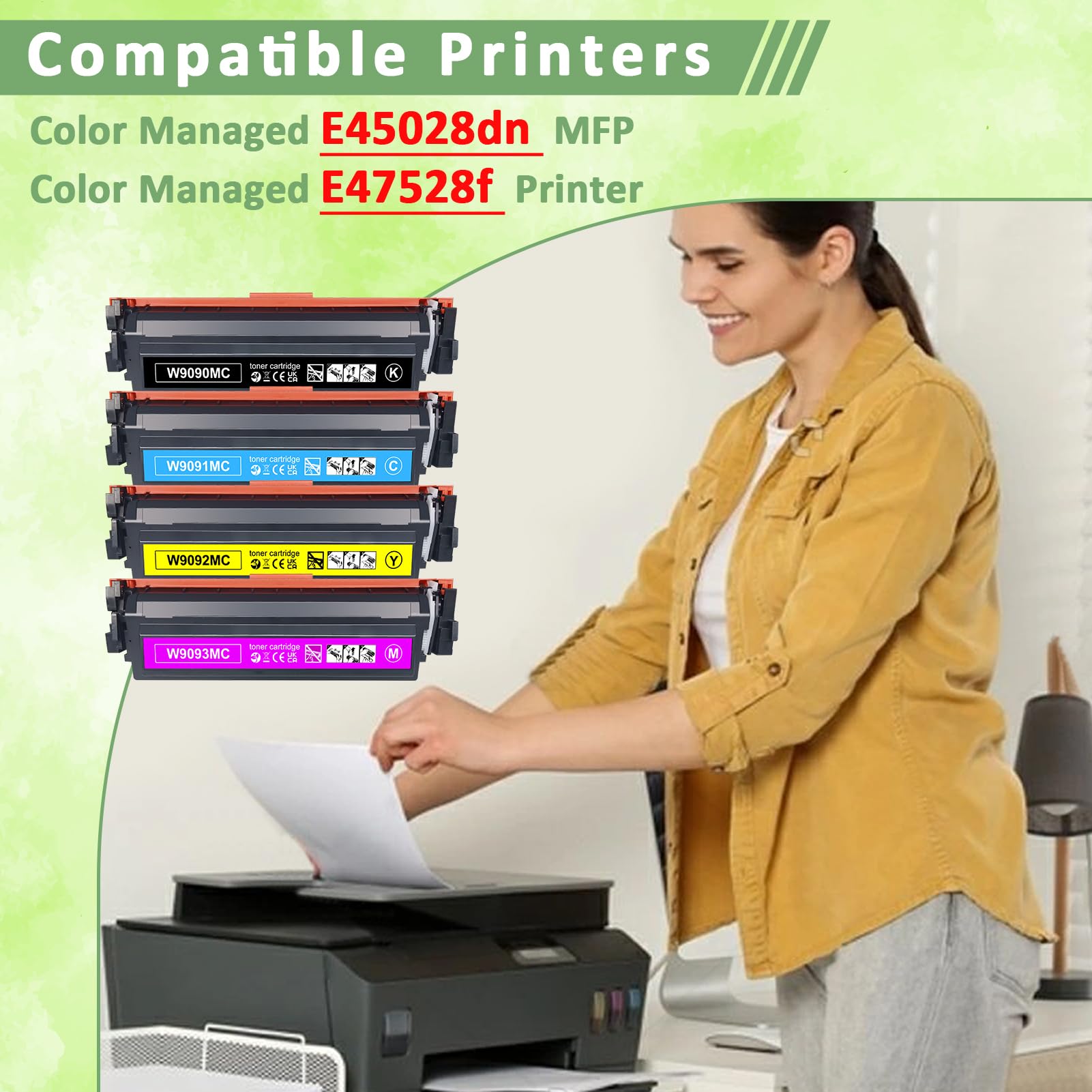 Paquete de 4 cartuchos de tóner HP W9090MC, cartucho de tinta de alta capacidad de repuesto W9090MC W9091MC W9093MC W9092MC para impresora HP Color Managed E47528f E45028dn MFP (negro, cian, magenta y