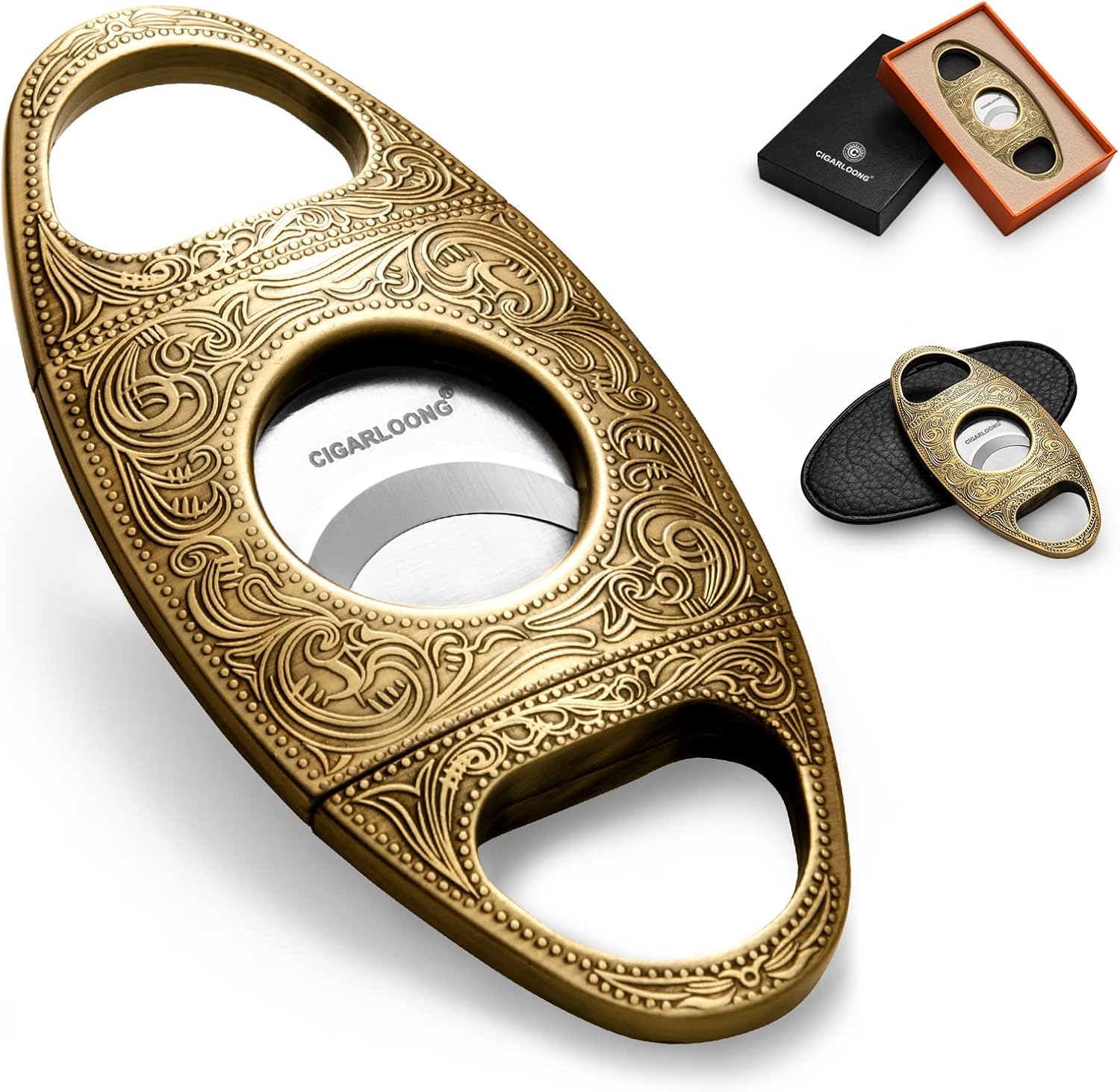 CIGARLOONG Cigar Cutter Bronze Engraved Double Stainless Steel Blade