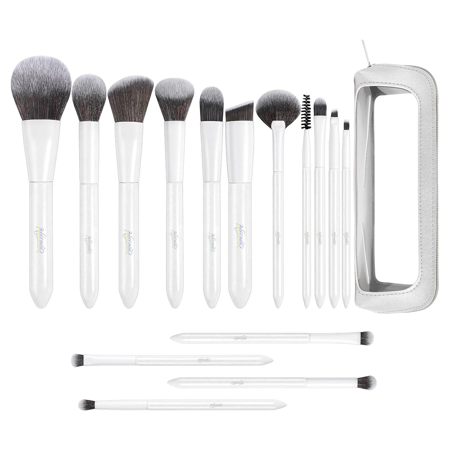 15PCS Makeup Brush Set with Clear Travel Pouch (White)
