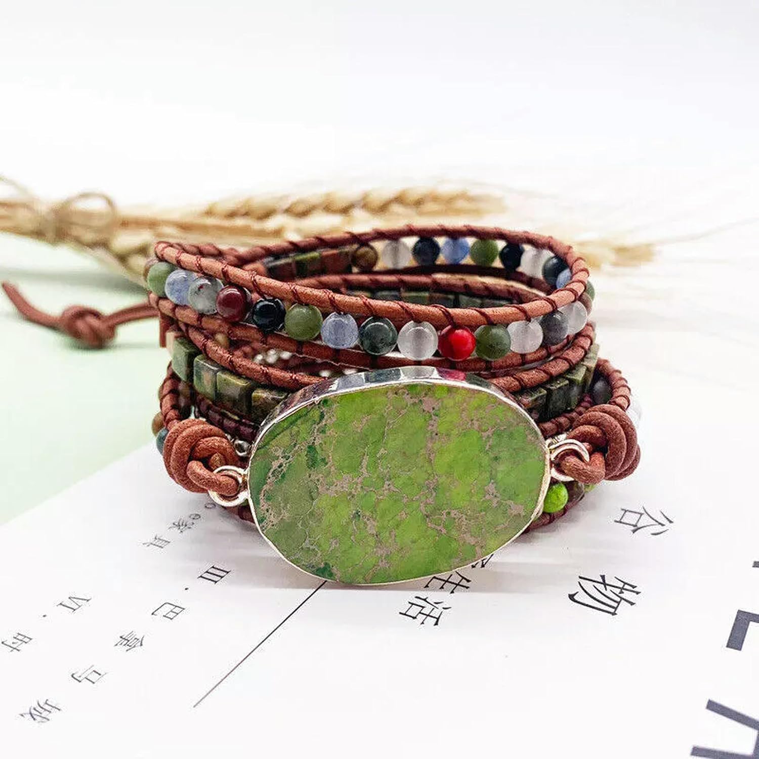 Fashion Sea Sediment Jasper Beads Boho Bracelet Women Stones Beaded Woven Wrap