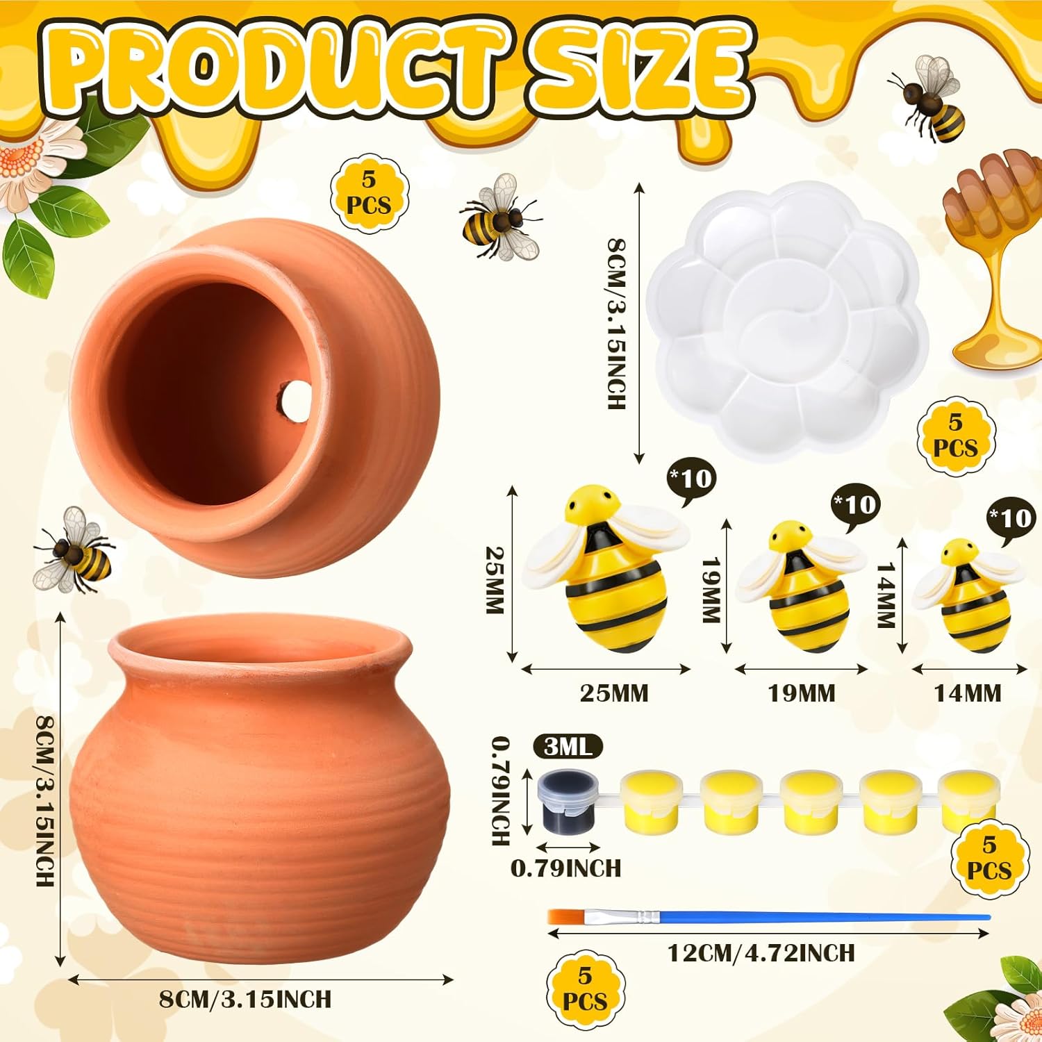 Blushtier 5 Sets Terracotta Clay Honey Pots Kits Bulk Bee Birthday Party Table Centerpieces Decorations DIY Honey Pot Jar Activity Bee Party Favors Gift for Guest (Classic)