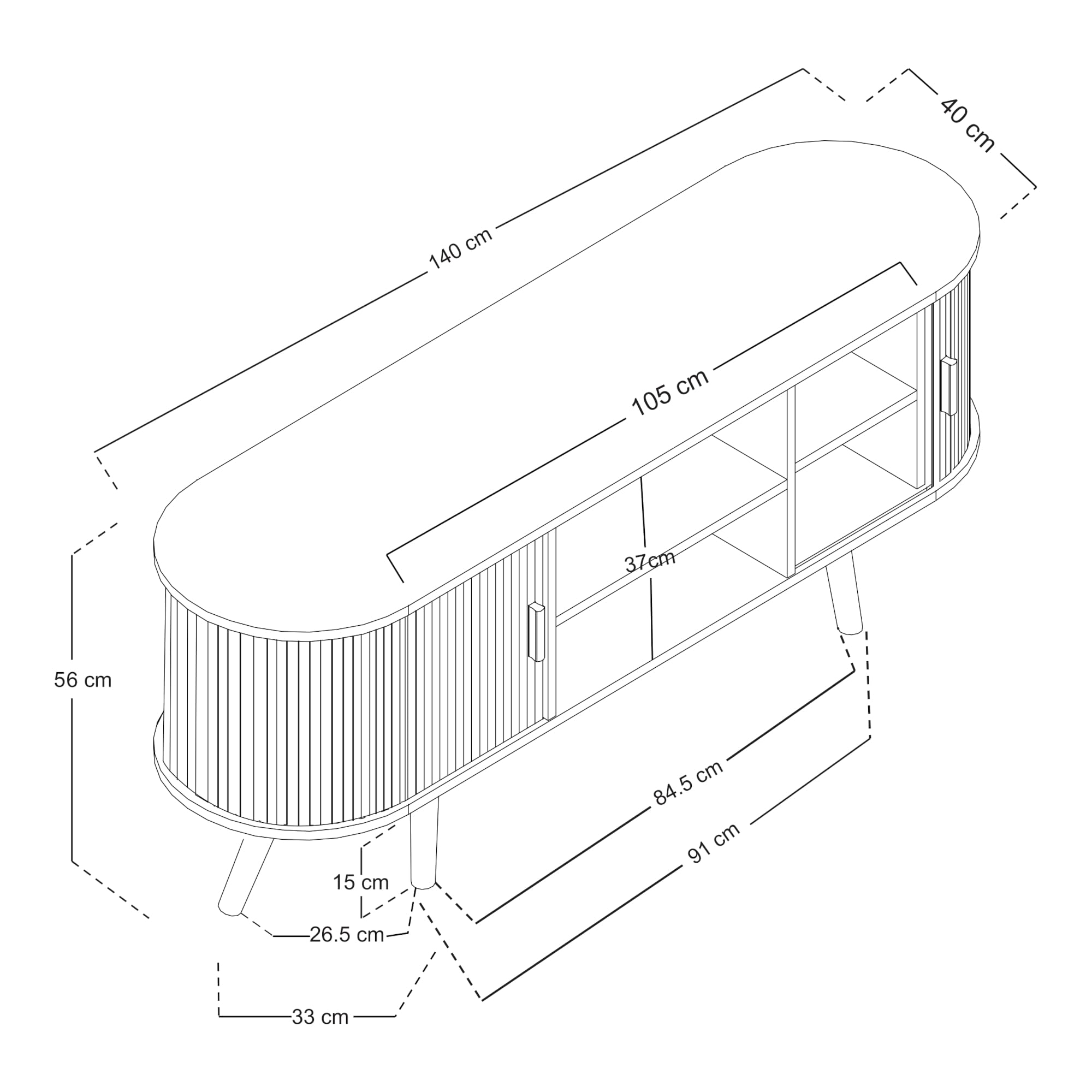 [en.casa] Aparador con Puertas Nordkapp Correderas Mueble de TV en Forma Ovalada Armario Multiusos 2-2 Compartimentos Cerrados y 2 Compartimentos Abiertos Bambú Madera 140x40x56 cm - Natural