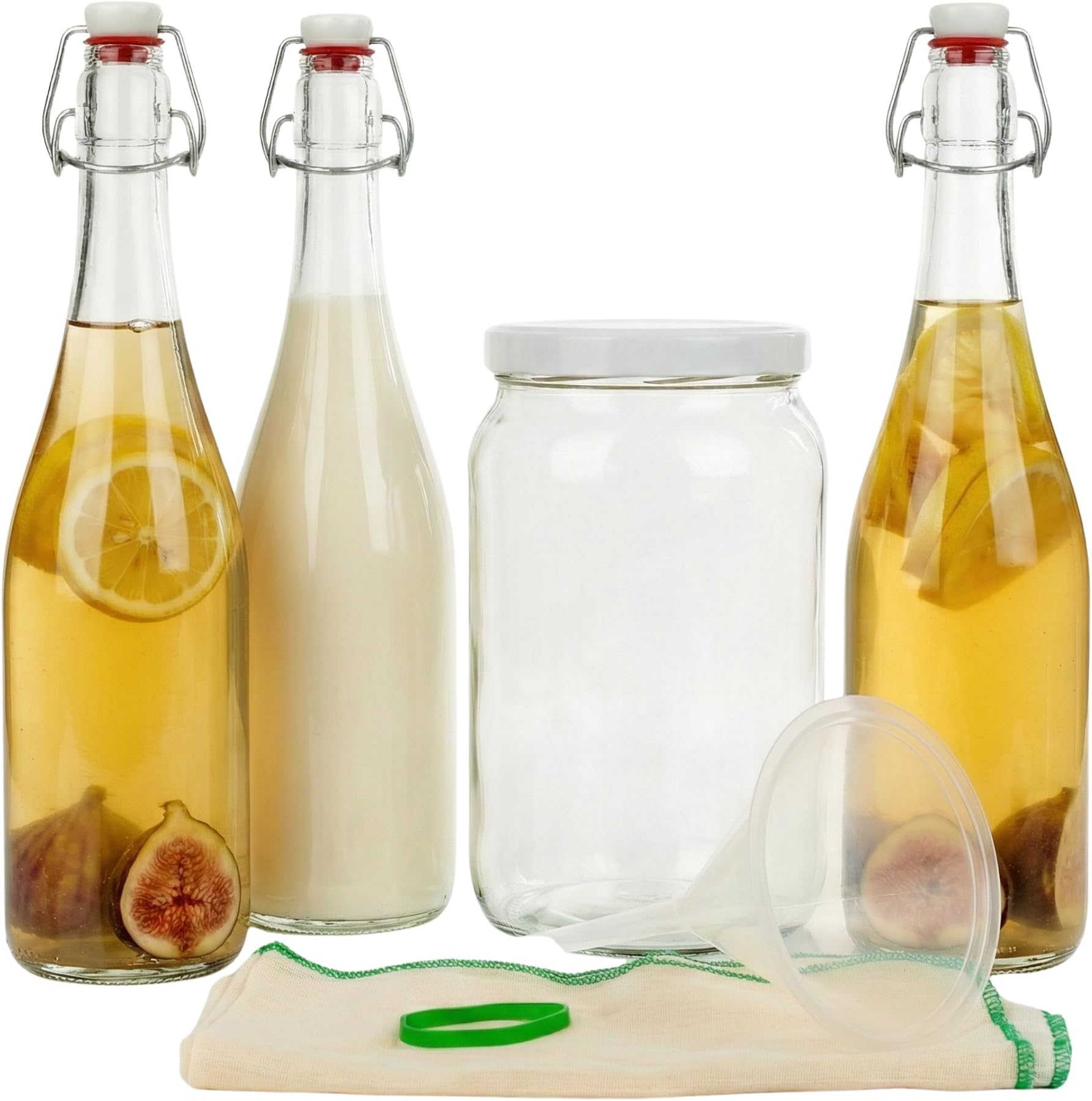 myFERMENTS Kefir and Kombucha Starter Kit – Fermentation Set for Homemade Probiotic Drinks – Includes 2L Large Glass Jar with Lid, 3 x 750ml Bottles with Hermetic Seal, Muslin Cloth and Funnel