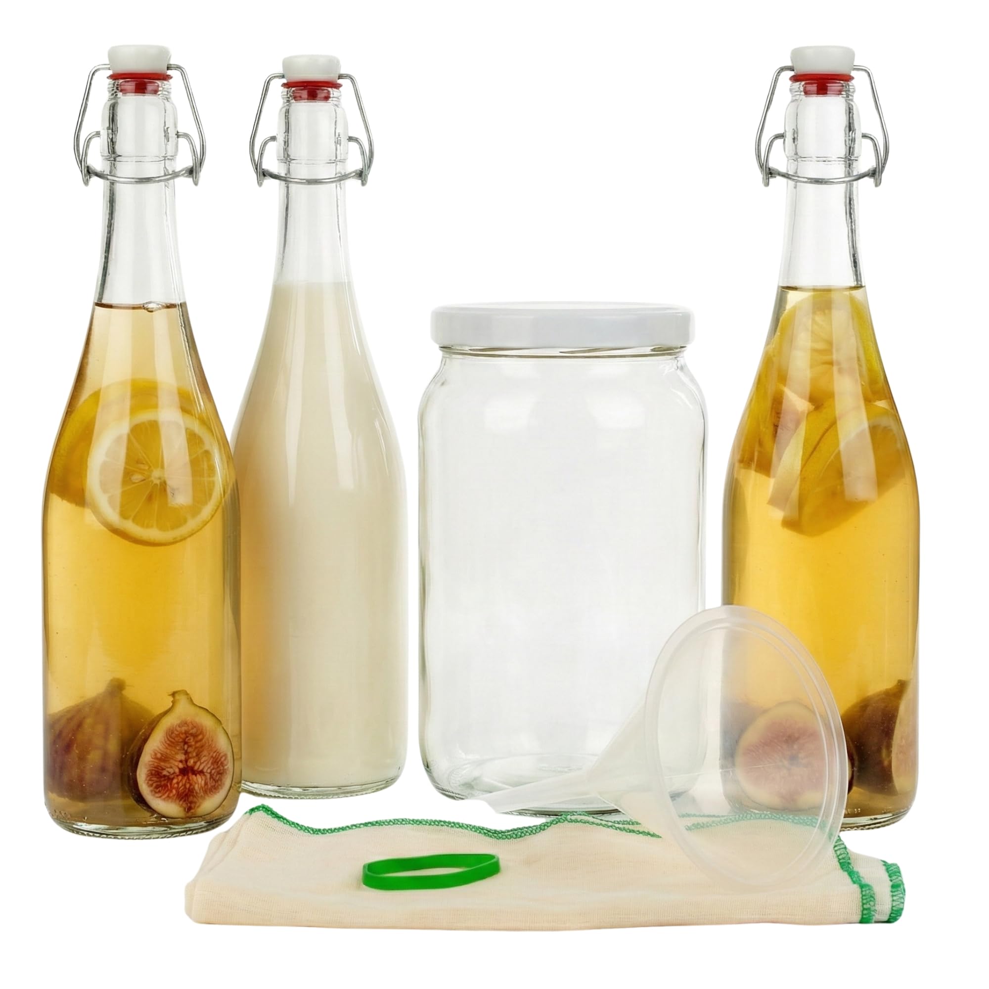 Kefir and Kombucha Starter Kit – Fermentation Set for Homemade Probiotic Drinks – Includes 2L Large Glass Jar with Lid, 3 x 750ml Bottles with Hermetic Seal, Muslin Cloth and Funnel