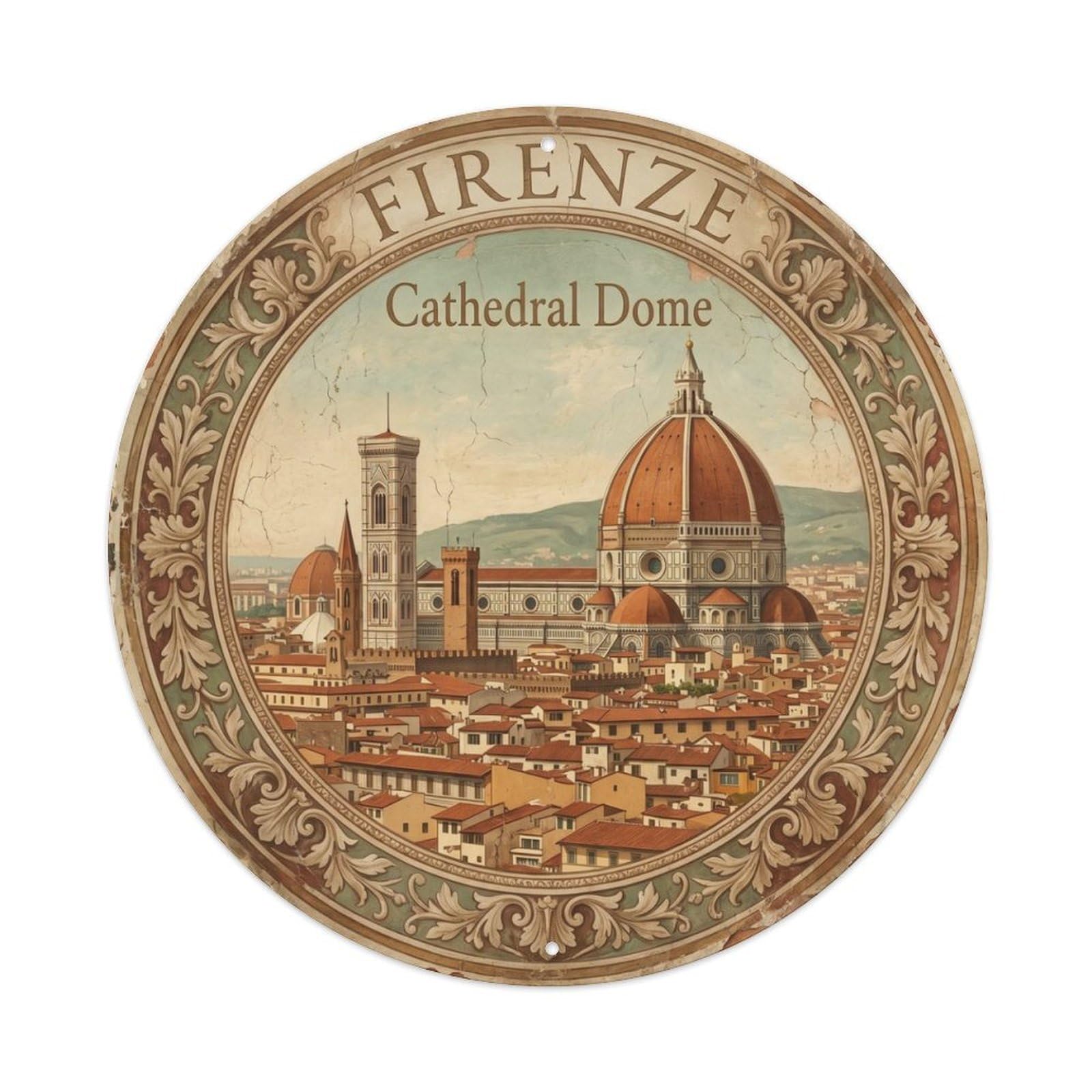 Vintage Travel Cathedral Florence Dome Metal Tin Sign Plaque Wall Decor for Cafe, Club Bar, Office, Home Garden Round Metal Poster 8x8Inch