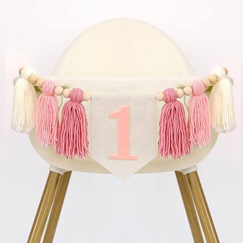 Miniatura 7 de Decoración de primer cumpleaños, pancarta rosa para silla de alta para niña, decoración de pastel de corona número 1, decoración de primer