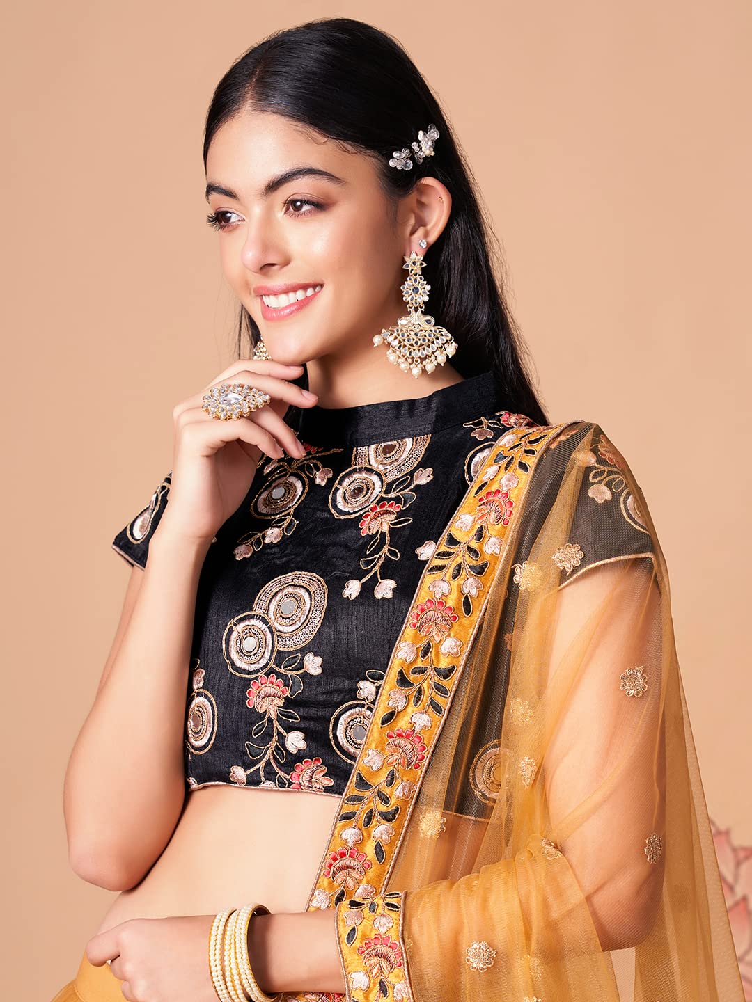 Zeel Clothing Women's Net Embroidered Semi-Stitched Bridal New Lehenga Choli with Dupatta (7318-Gold-Wedding-Bridal-Latest-Lehenga; Free Size) (Gold) 3