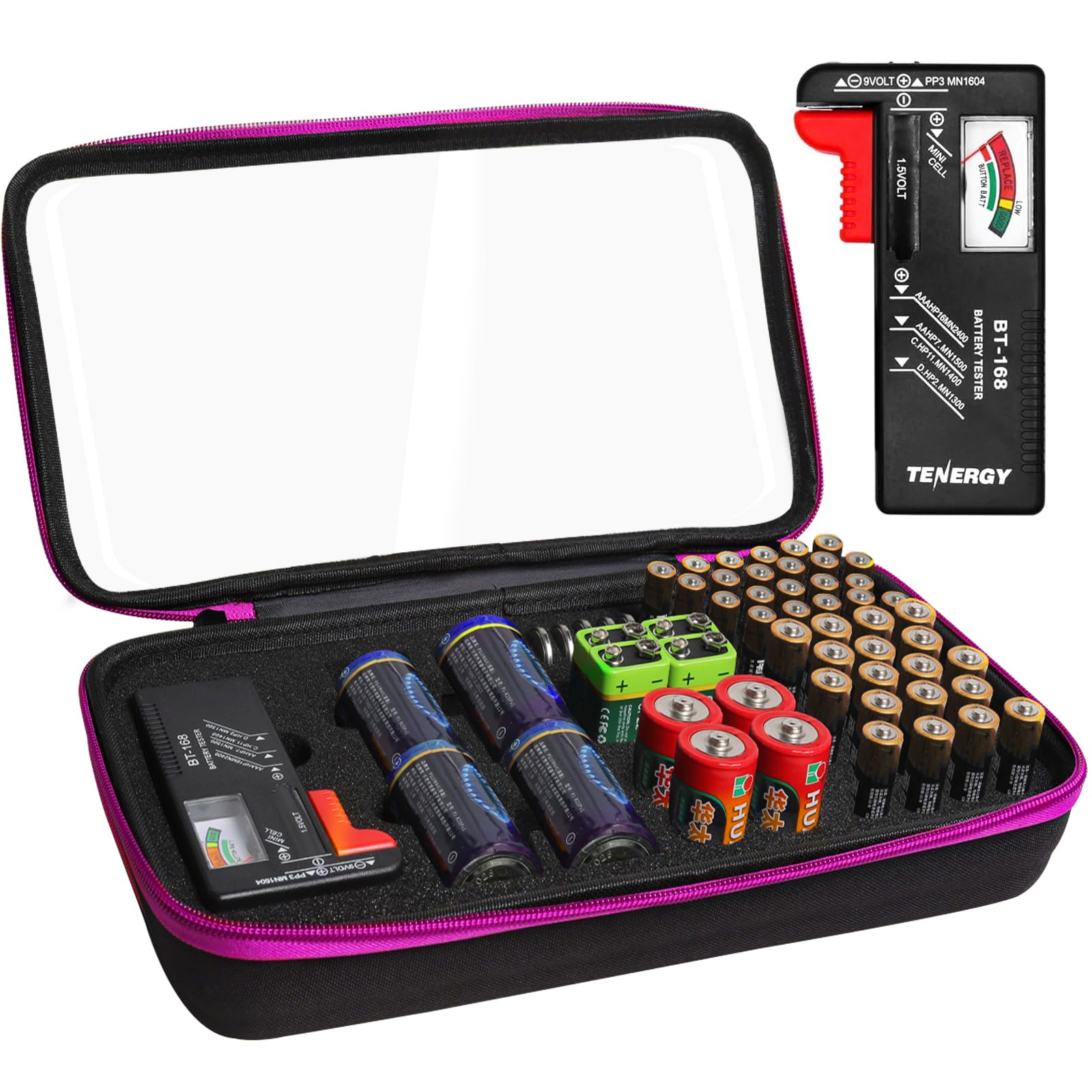 Battery Organizer Storage Case with Tester,Clear Batteries Storage Organizers Holds, Just The Right Size Slot with stable handle,Holds 57 Batteries Various Sizes?Batteries are Not Included? (Purple)