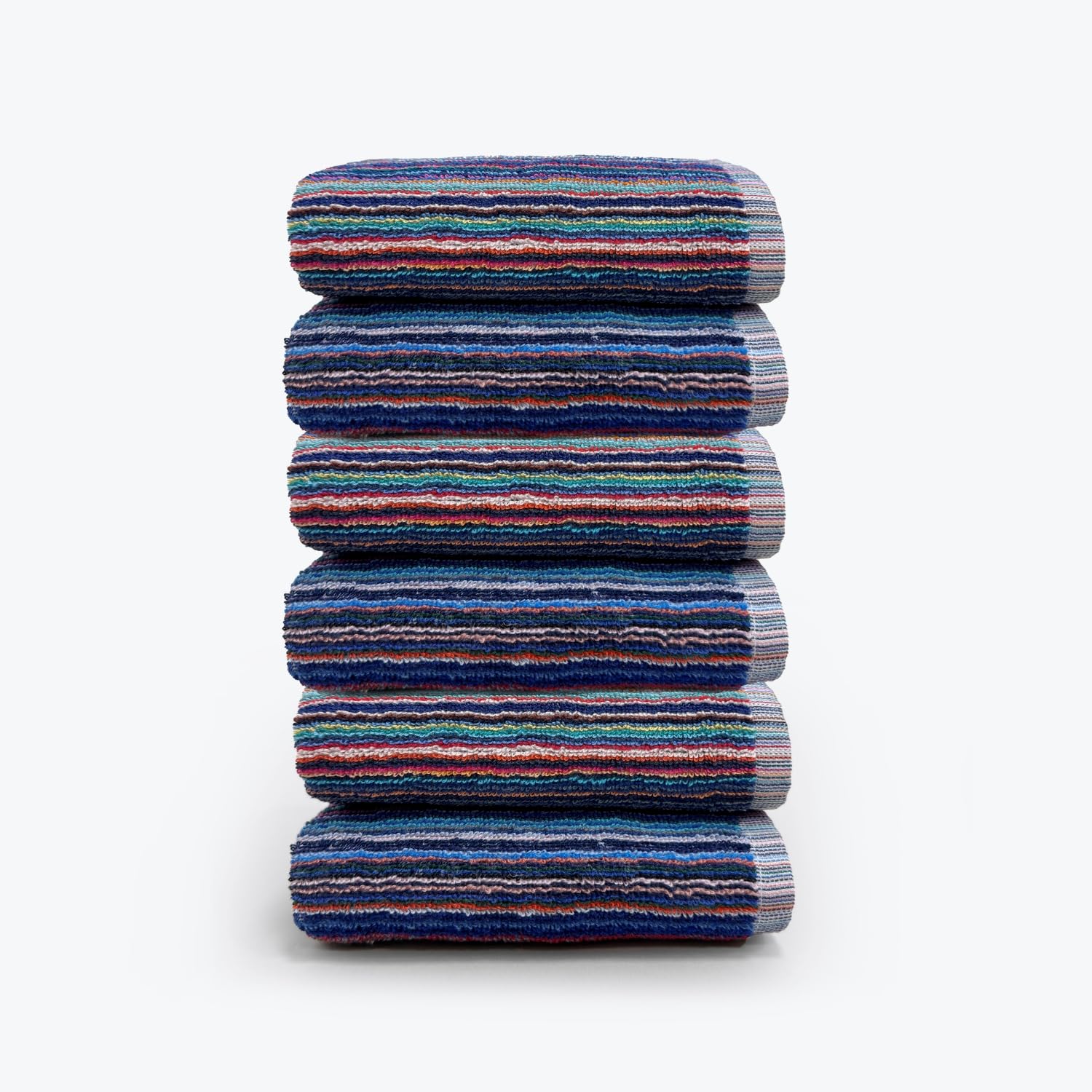 Odyssey 100% Recycled Cotton Hand Towel Set - Multi Coloured Remnant Yarn Stripe, Absorbent, Quick Dry, 6 x Hand Towels 50 x 80cm, Lightweight 400GSM