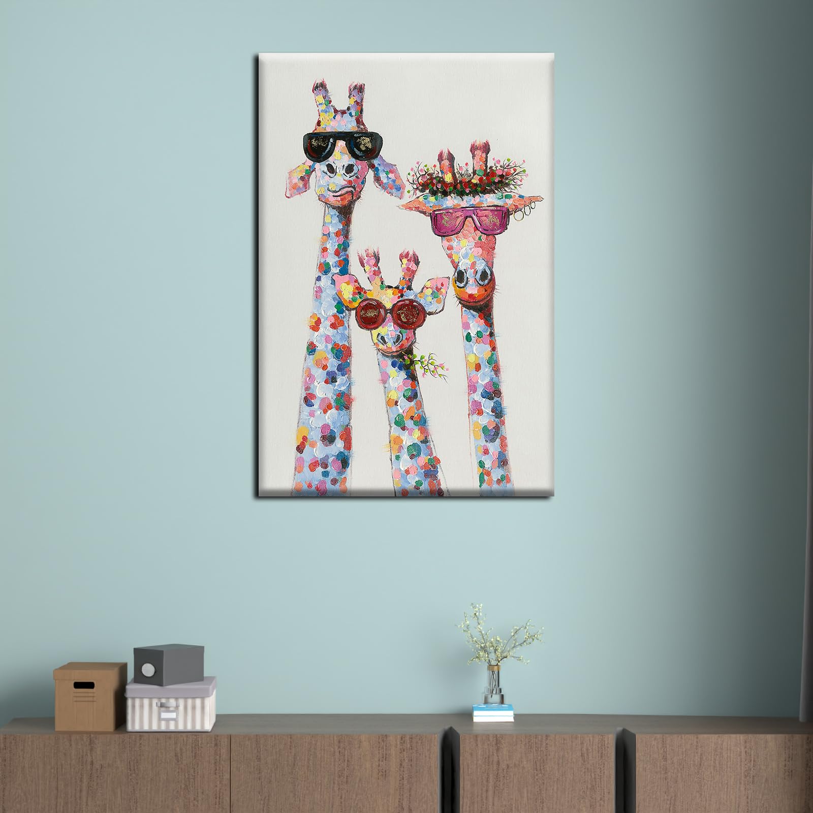 抽象画 キリン クレパス画 木製フレーム 抽象クレパス画 キリンの絵