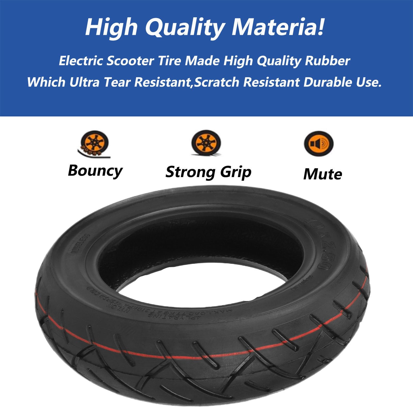 Pneumatico per Scooter Fuoristrada tubeless da 10 * 2,50, Ruote di scorta Antiscivolo tubeless per Scooter Elettrico da 10 Pollici per Pneumatici di Ricambio da 10 Pollici per Monopattino elettri