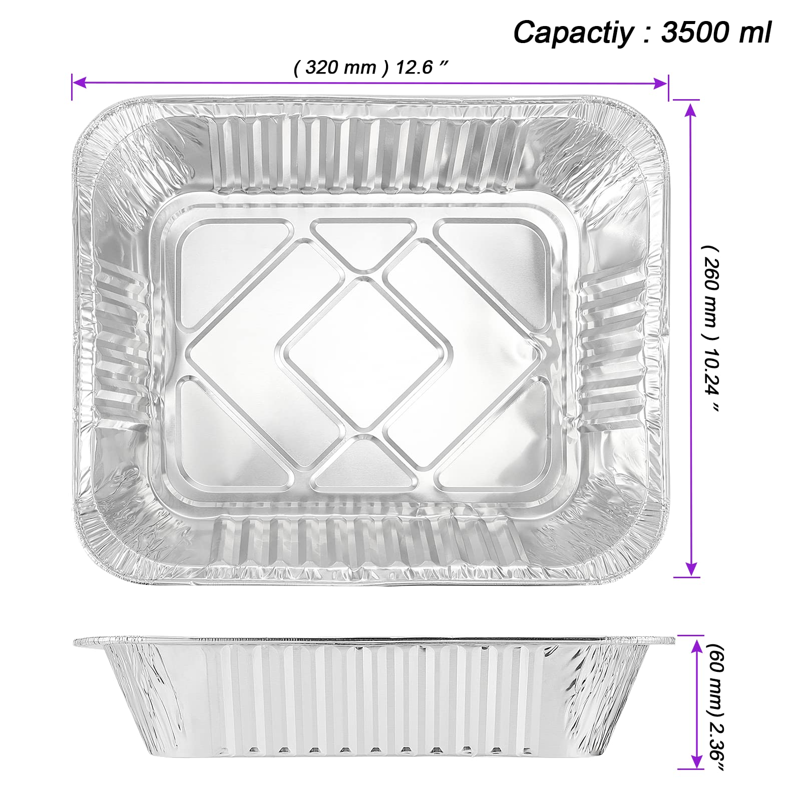 JOIKIT Confezione da 25 vassoi grandi in alluminio da 3500 ml con coperchio, 32 x 26 x 6 cm, contenitori rettangolari per alimenti, per forno, picnic, cucina