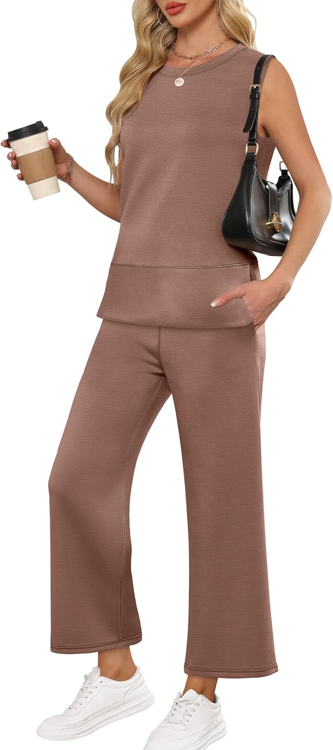 ANRABESS Womens 2 Piece Outfits Summer Beach Vacation Clothes Spring Travel Airport Casual Wide Leg Pants Lounge Sets