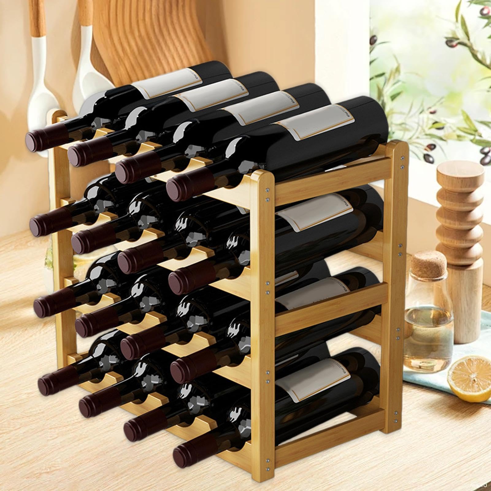 Estante de vino de mostrador | Estante de vino de madera rústica para 20
