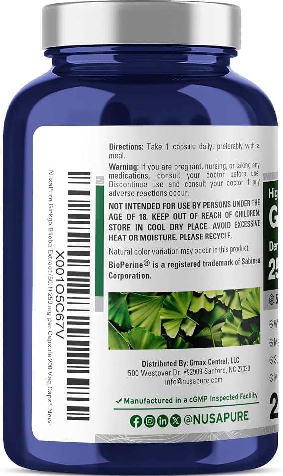 Ginkgo Biloba, Non-GMO, Vegan, 250mg, 200 Veggie Capsules - 200 Servings | Herbal Formula, 50:1 Ginkgo biloba Leaf Extract, BioPerine Suitable for Adults, Made in USA cGMP Registered Facility