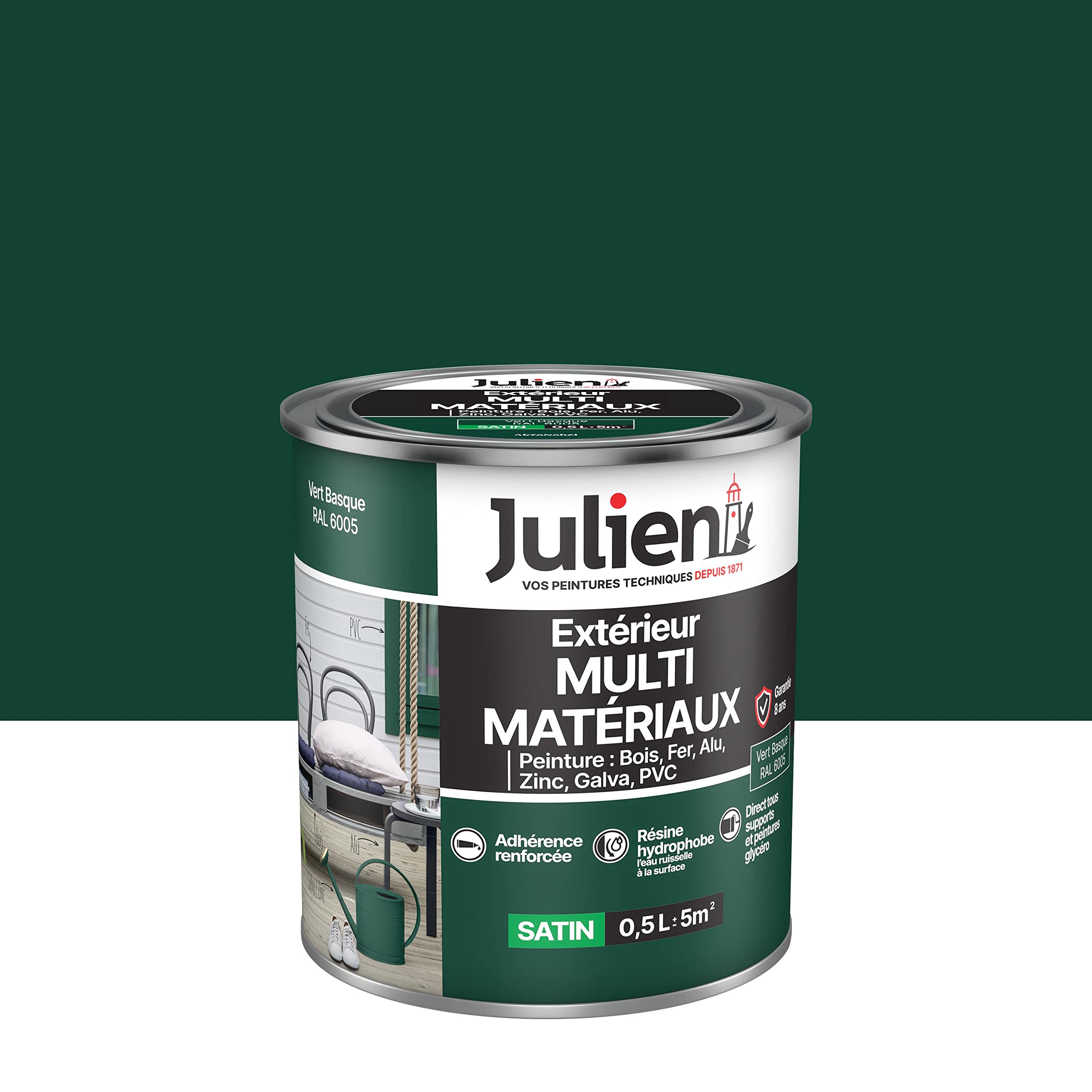 Julien Peinture Multi-Matériaux Satin en phase Aqueuse - Bois, Fer, Alu, PVC, Zinc, Acier galvanisé, brut ou peint - Vert Basque 0,5 L