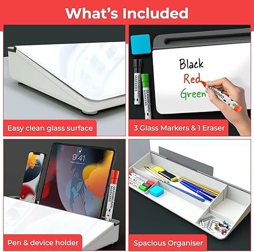 Miniatura 3 de Chalkola - Pizarra blanca de escritorio de vidrio con almacenamiento - Tablero de borrado en seco, organizadores para escritorio de trabajo, soporte