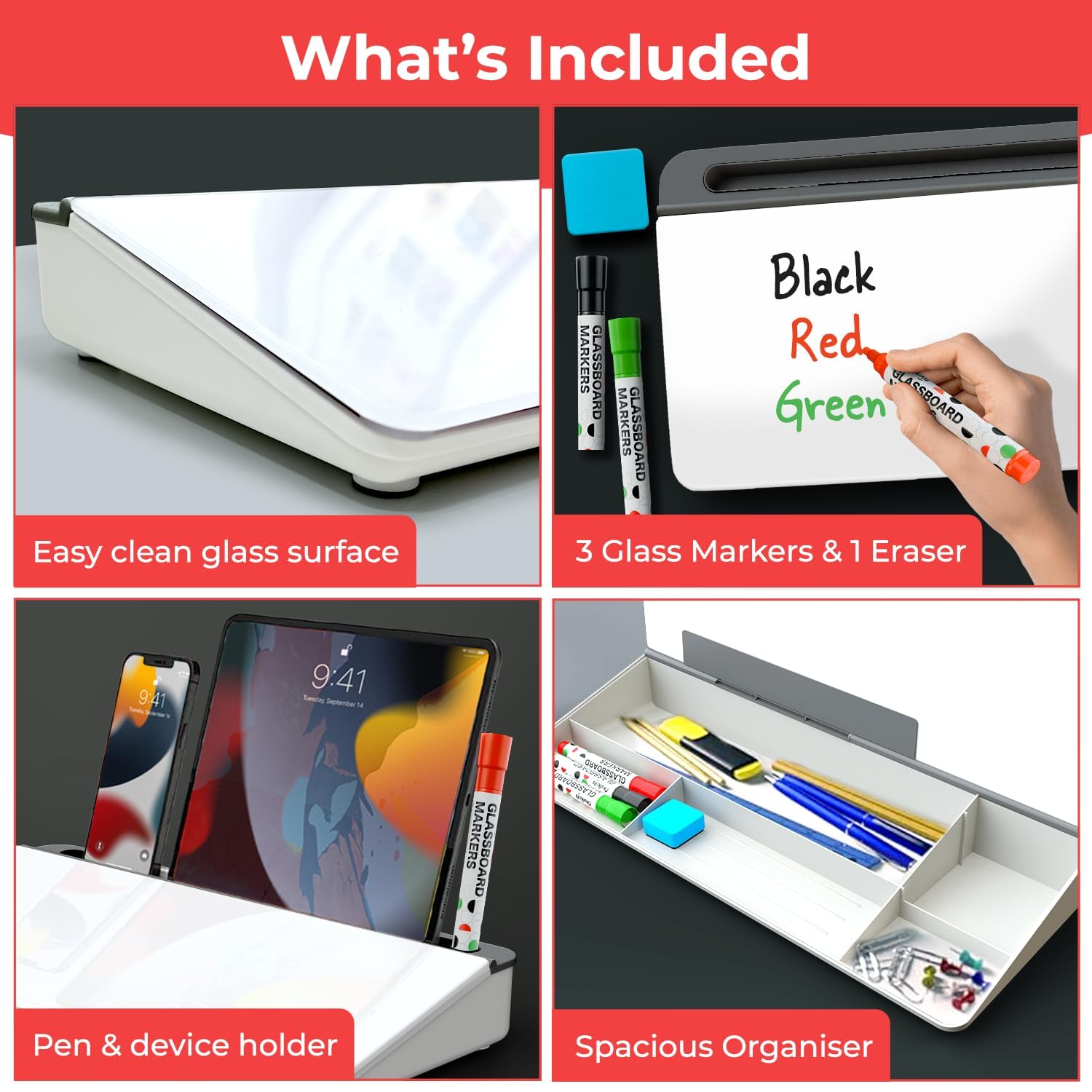 Chalkola Glass Desktop Whiteboard with Storage, Dry Erase Board, Work Desk Organizers, Computer Keyboard Stand - Image 3