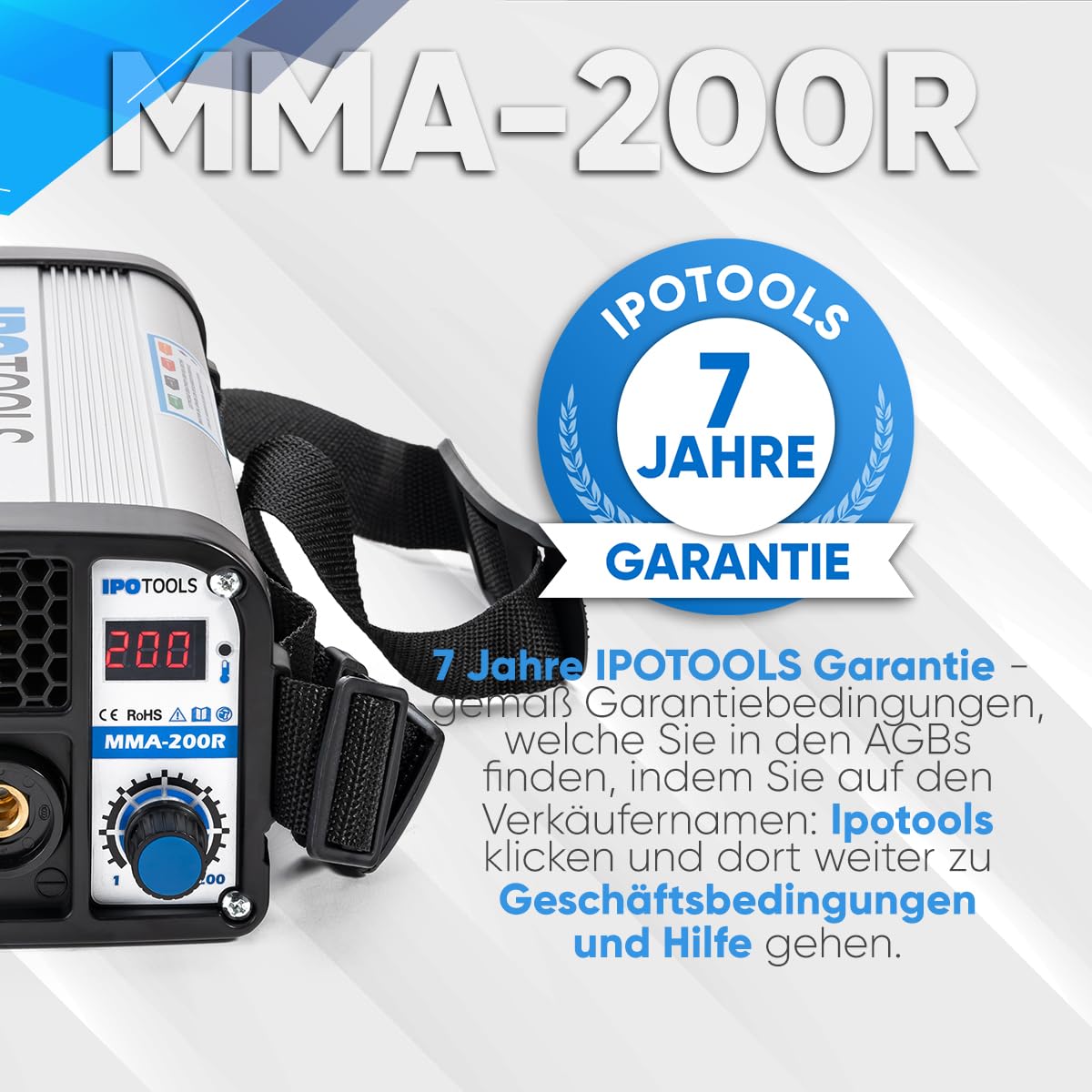 IPOTOOLS MMA-200R Electrode Welding Machine - IGBT Inverter Welding Machine MMA/E-hand with 200 Ampere/Digital LCD Screen / 230V / Anti-stick, Hot Start /Arc-Force/Protection Shield / 7 Year Warranty