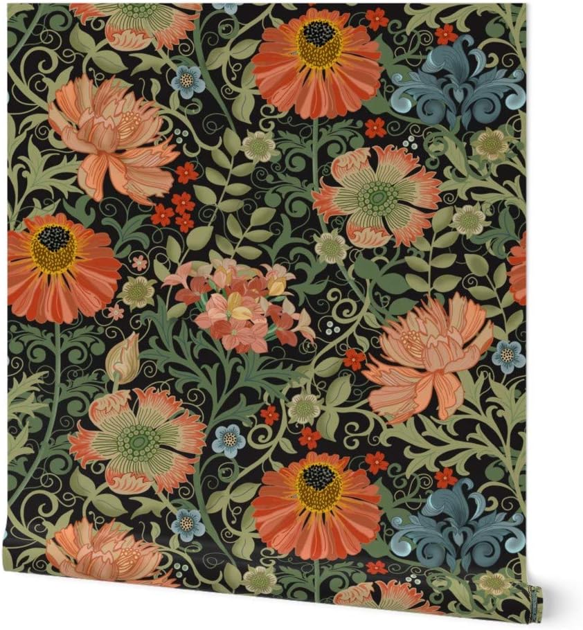 Spoonflower Removable Wallpaper 3ft x 2ft - Art Nouveau Black Deco Floral Maximalist Flowers Flower Garden Victorian Inspired Custom Pre-Pasted Wallpaper