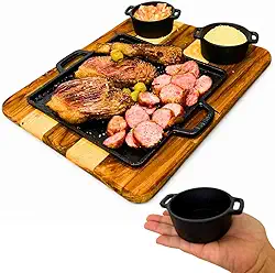 Tábua de Churrasco com Chapa de Ferro, 2 Molheiras, Conjunto para Servir Carnes e Porções