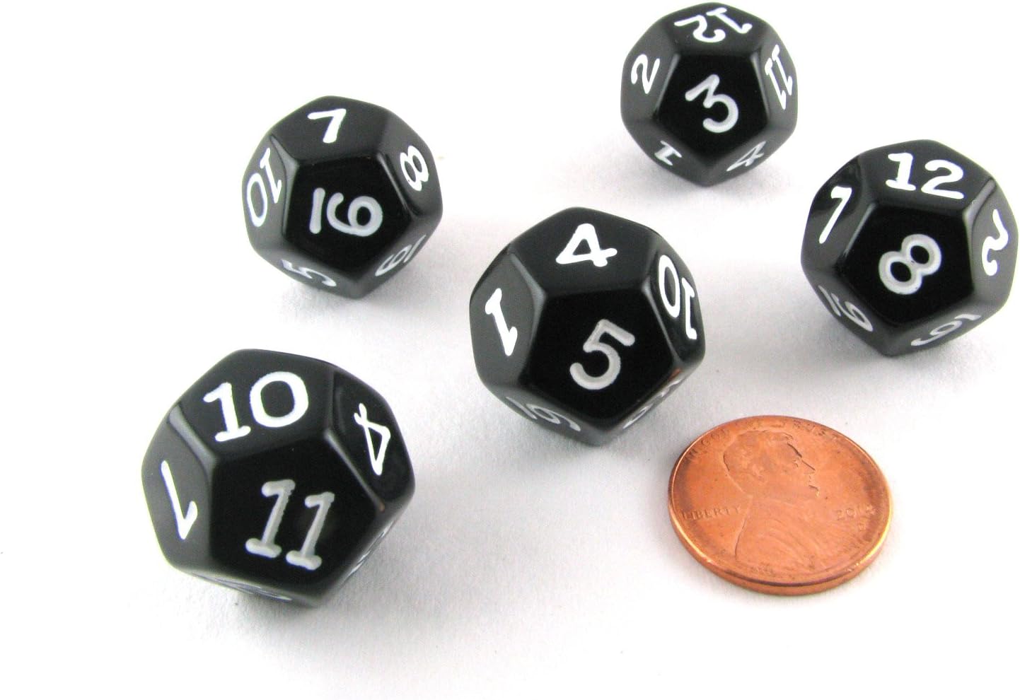 Set of 5 D12 12-Sided 18mm Opaque RPG Dice - Black with White Numbers