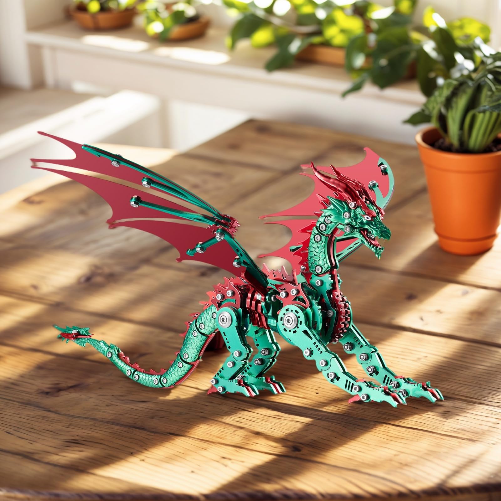 Puzzle 3D dla dorosłych, metalowy dinozaur, zestaw budowlany, kolekcyjne mechaniczne rzemiosło inżynieryjne, dekoracja i prezent (czerwono-zielone)