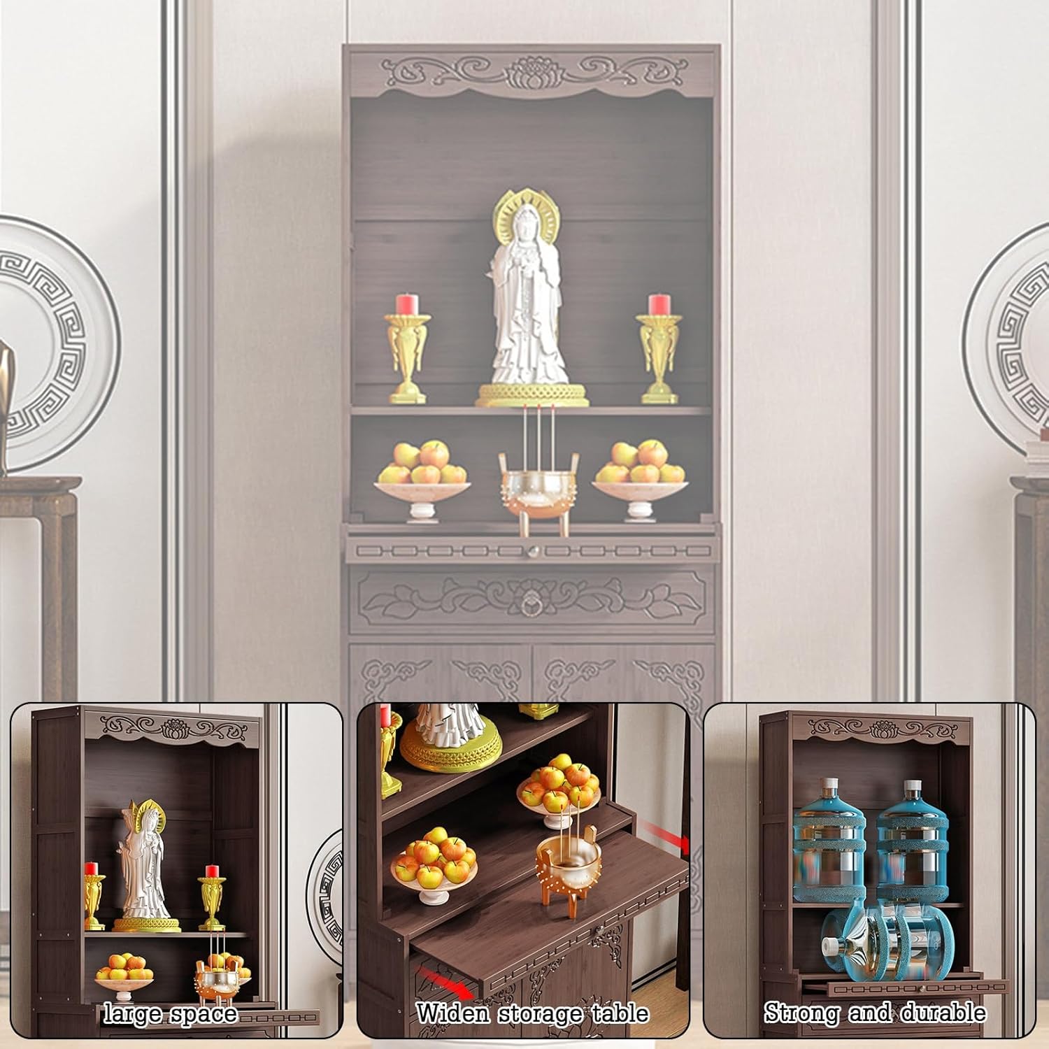 Altar Table, Personal Meditation Altar Cabinet, Intricate Chinese Altar Cabinet Pedestal Offering Table, Suitable for Temples and Families(16.9" l*15" w*66.9" h)